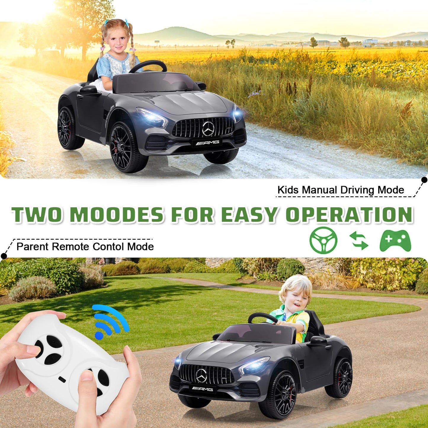 Garvee Ride Car for Kids, 12V Power Battery Electric Vehicles for 3-7 Toddlers, Licensed Mercedes-Benz with Remote Control, MP3 Player - Grey
