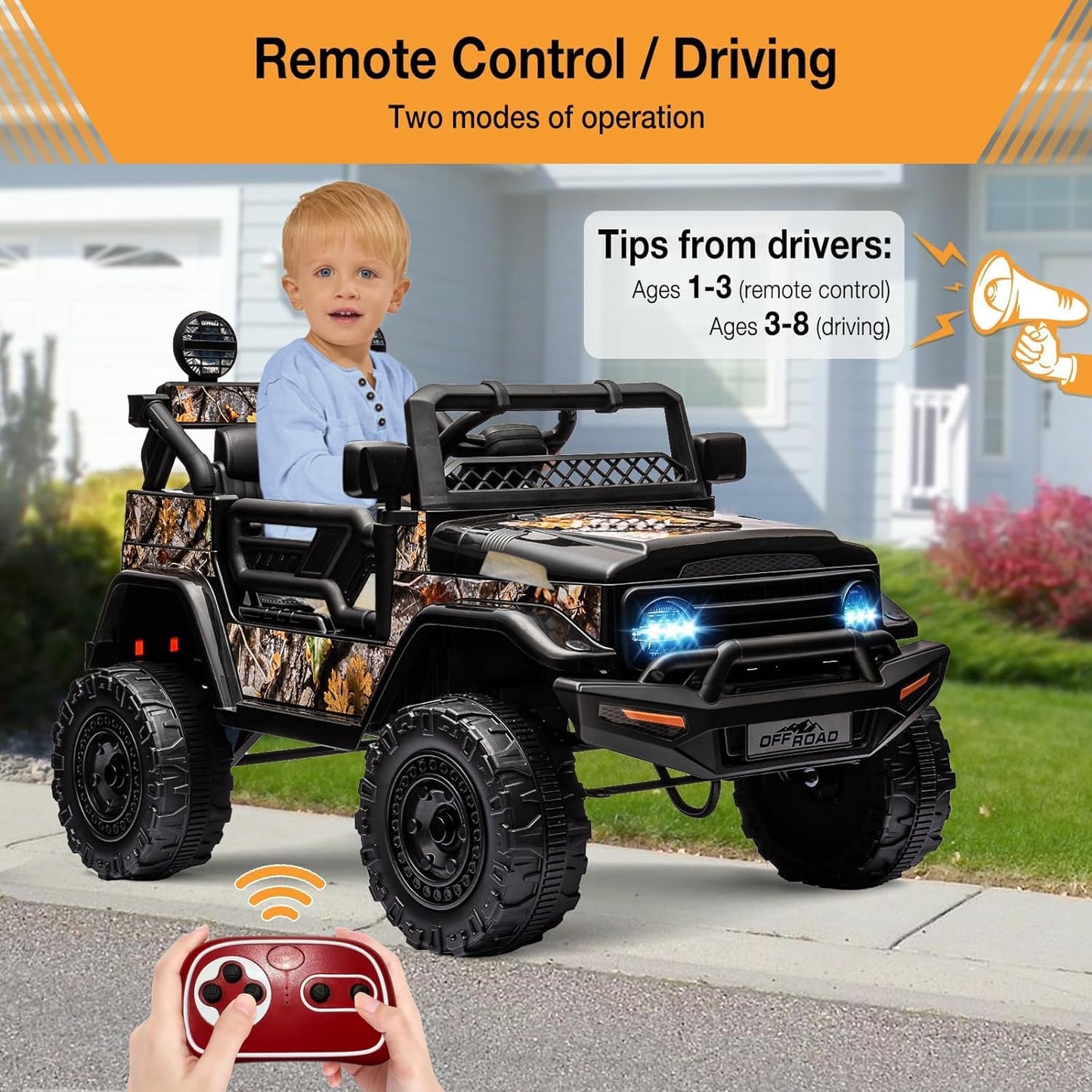 Garvee Ride - P Series: 12V Power Wheel Electric Car for Kids, Ride on Toys with Led Lights Bluetooth, 3 Speeds, Spring Suspension - Black