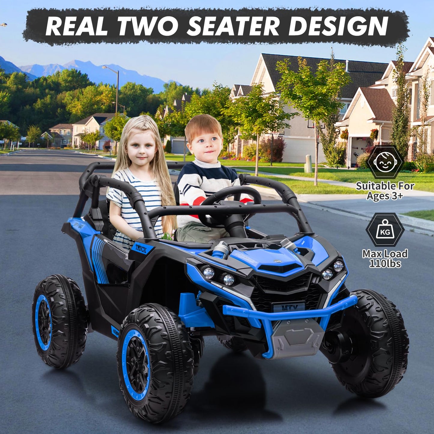 Garvee Ride - P Series: 24V Ride On Utv For Kids,2 Seater 4WD Electric Truck With Remote Control, High And Low Speed Adjustment, Led Lights, 4 Shock Absorbersm,One Click Start, Music Player(Blue)