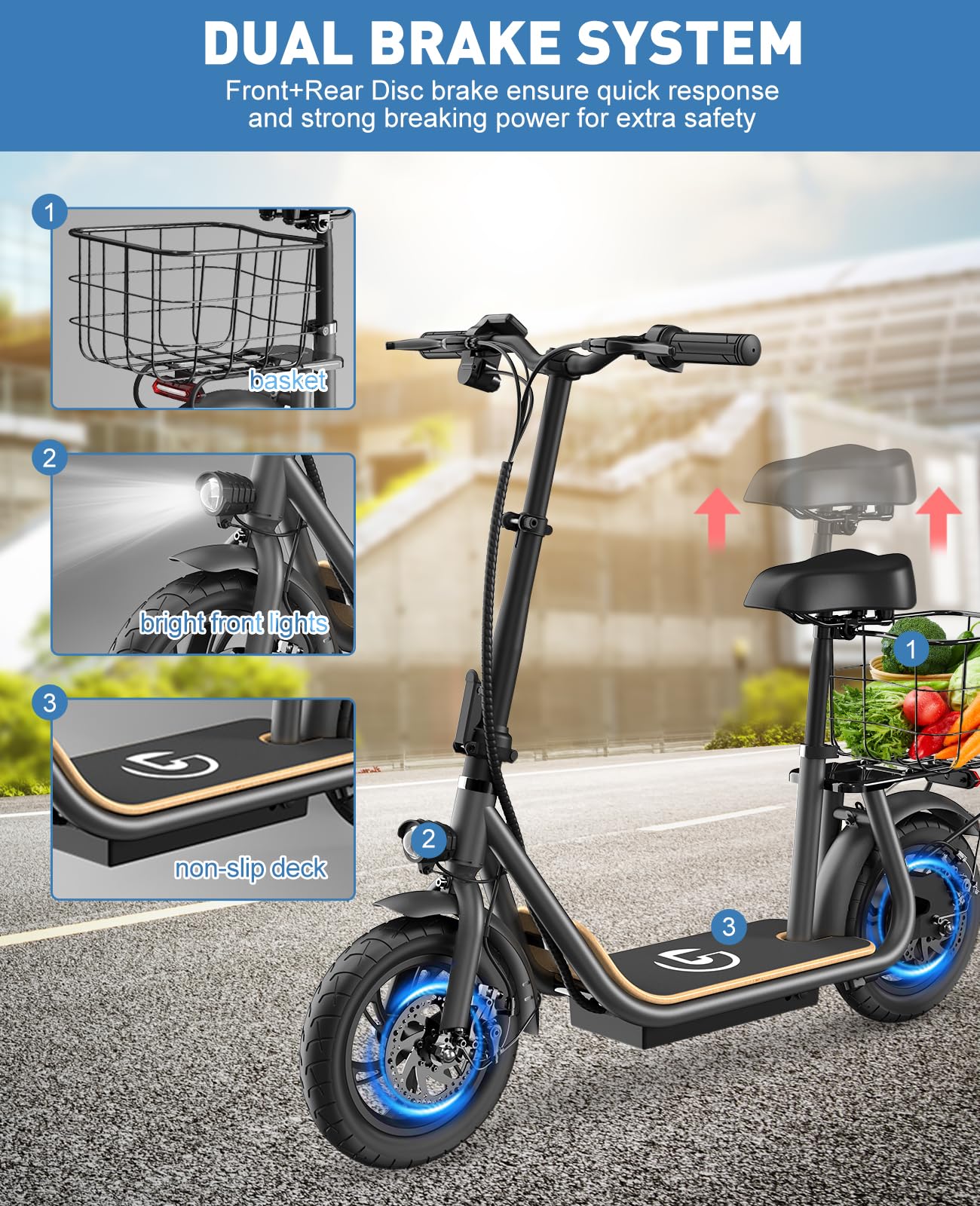 Garvee Ultimate Comfort with Electric Scooter - Long 37.5 Miles Range, 20mph Speed, Powerful 500W Motor, 46V Battery,12" Pneumatic Tire, Adjustable Seat & Deck, Carry Basket