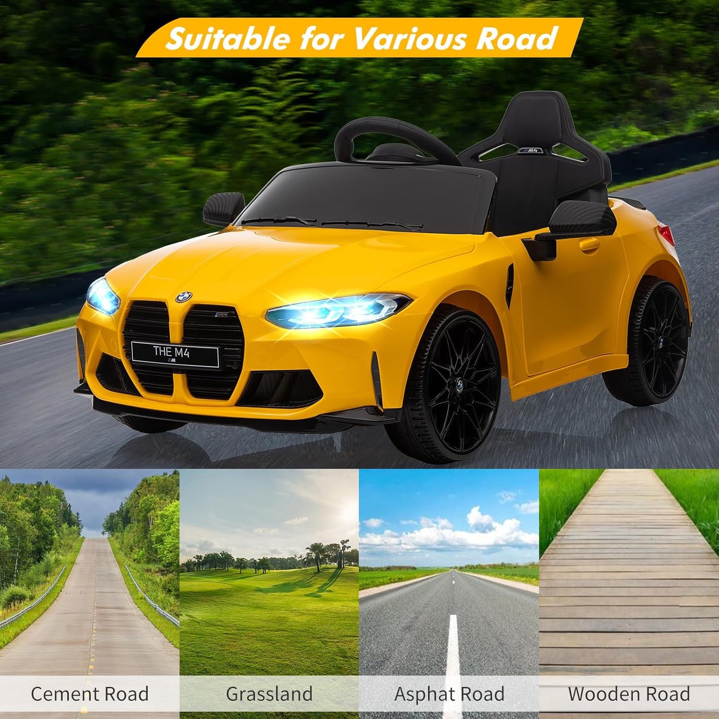 Garvee Ride - P Series: 12V Electric Ride On Car for 37-83 Months, w/RC,Licensed by BMW M4,Power Wheels for Boys Girls, with Suspension System,3 Speeds, Bluetooth, MP3, Double Door, LED Light - Yellow