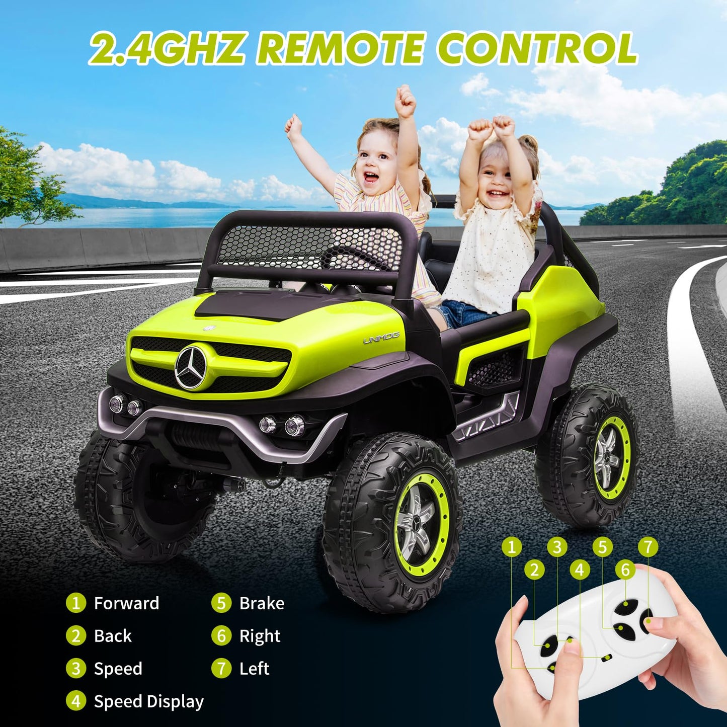 Garvee Ride - P Series: 2 Seater Kids Ride On Truck 24V Ride On Toy Licensed Mercedes Benz Battery Powered Electric Vehicle for Toddles With Remote Control, Battery Display, Trunk, Spring Suspension, Led Lights, Music, Green