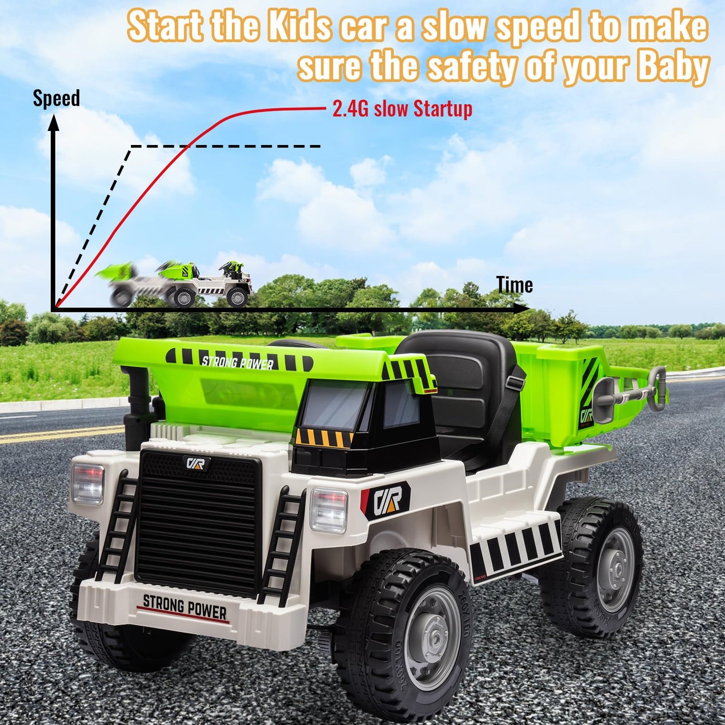 Garvee Ride - P Series: 12V Ride on Dump Truck with Remote Control, Electric Dump Bed, MP3 Player, USB Charger, All-Terrain Tires, Suitable for Indoor and Outdoor Play