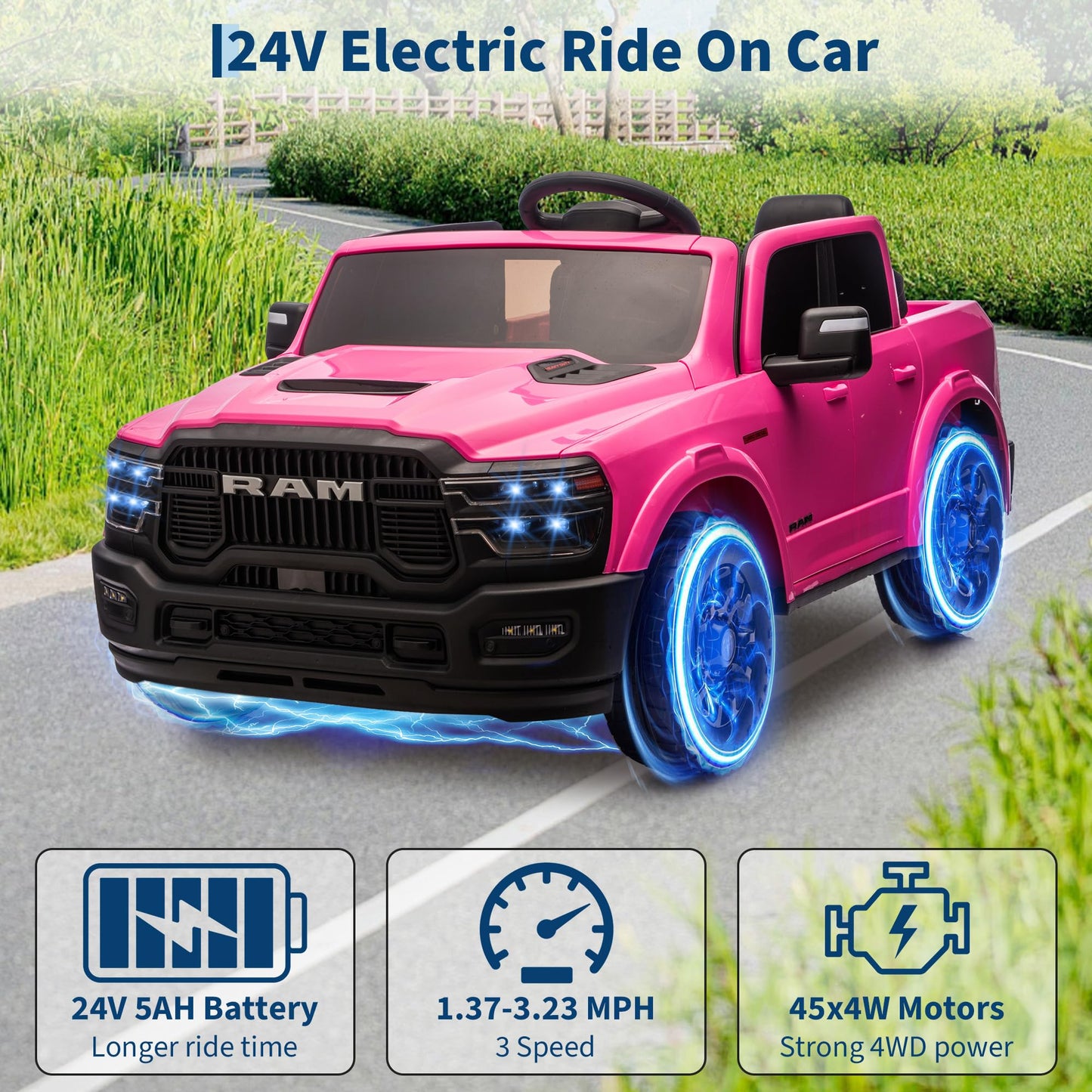 Garvee 24V Ride On Toys Licensed RAM 2500, 2 Seater Kids Ride On Truck Car, Pink, Spacious Truck Bed, LED Lights, Bluetooth, Suspension, 3 Speed