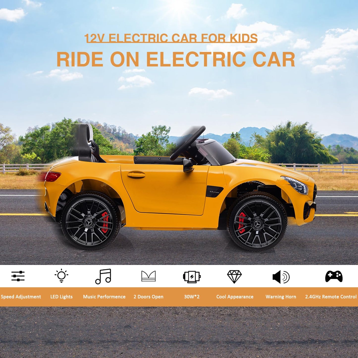Garvee Ride Car for Kids, 12V Power Battery Electric Vehicles for 3-7 Toddlers, Licensed Mercedes-Benz with Remote Control, MP3 Player - Yellow