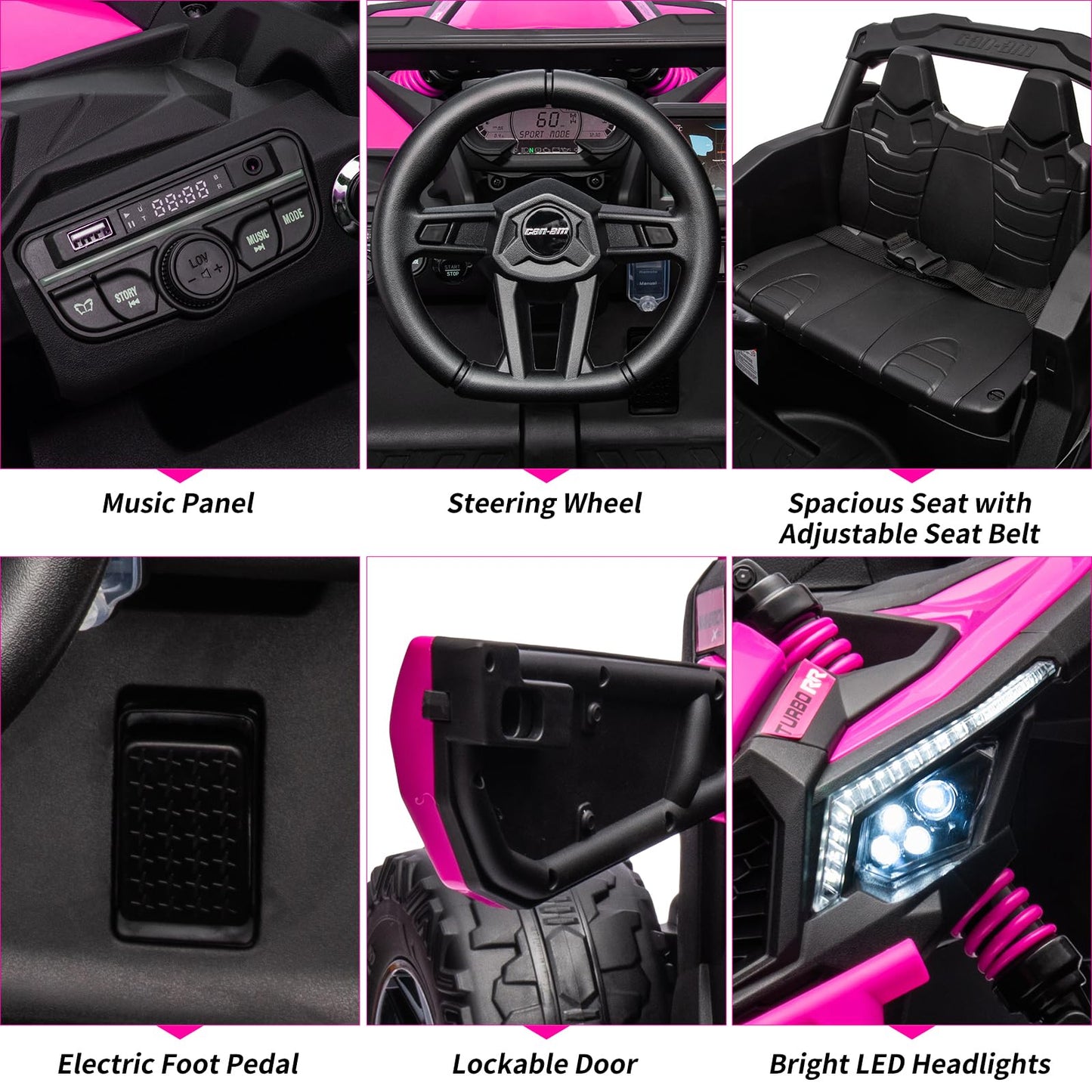 Garvee Ride - P Series: 12V Can-Am Ride-On UTV: Remote Control, Large Seat, Music, LED Lights, Spring Suspension, for Boys & Girls - Rose