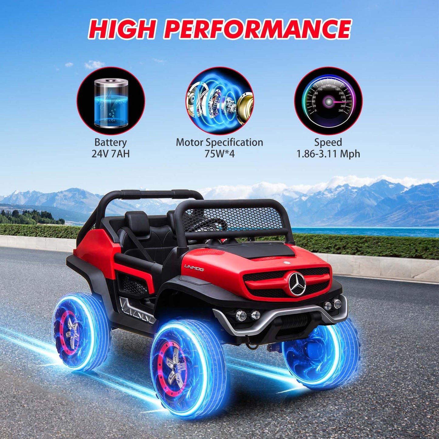 Garvee Ride - P Series: 2 Seater Kids Ride On Truck 24V Ride On Toy Licensed Mercedes Benz Battery Powered Electric Vehicle for Toddles with Remote Control, Battery Display, Trunk, Spring Suspension, LED Lights, Music, Red