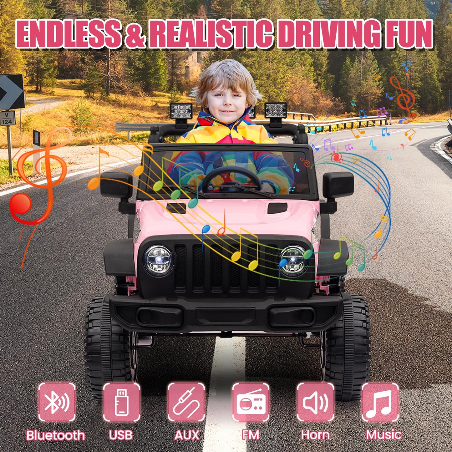 Garvee Ride - P Series: 12V Kids Electric Vehicles with Remote Control, 2 Speeds, Spring Suspension, LED Headlight, Bluetooth, Music, Battery Powered Car for Kids - Pink