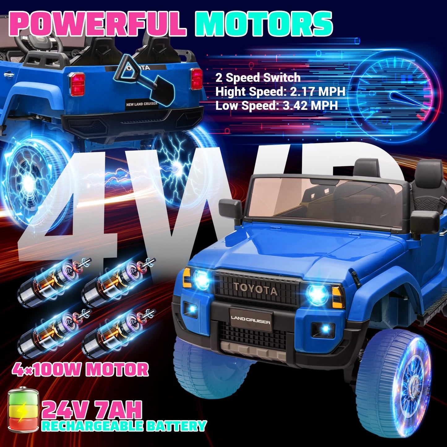 Garvee Ride P Series 24V 2 Seater Ride on Car, Garvee Licensed Toyota LC250 Ride on Toy for Big Kids with Remote Control, 4×100W Power 4 Wheels Ride on Truck with 4WD/2WD Switchable, Spring Suspension, Shovel, Music, Blue