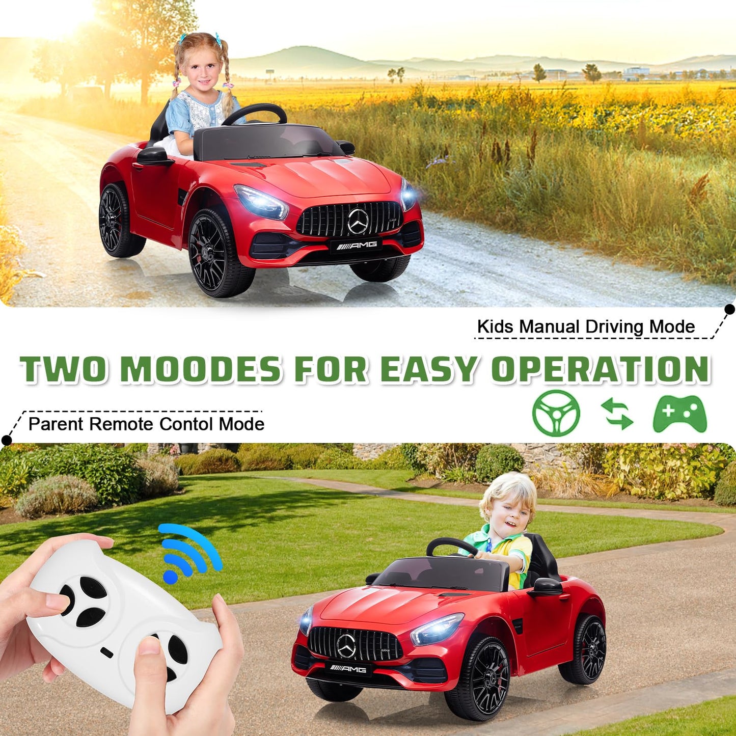 Garvee Ride Car for Kids, 12V Power Battery Electric Vehicles for 3-7 Toddlers, Licensed Mercedes-Benz with Remote Control, MP3 Player - Red