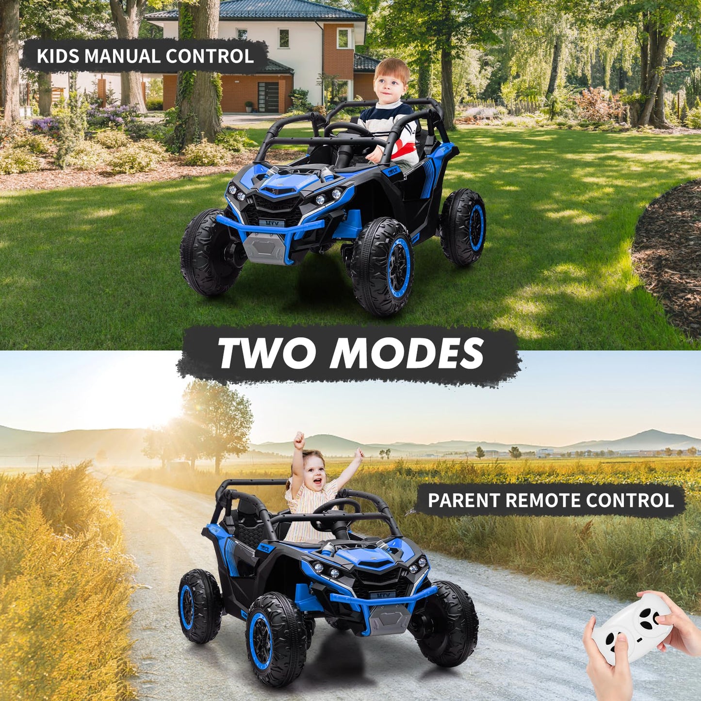 Garvee Ride - P Series: 24V Ride On Utv For Kids,2 Seater 4WD Electric Truck With Remote Control, High And Low Speed Adjustment, Led Lights, 4 Shock Absorbersm,One Click Start, Music Player(Blue)