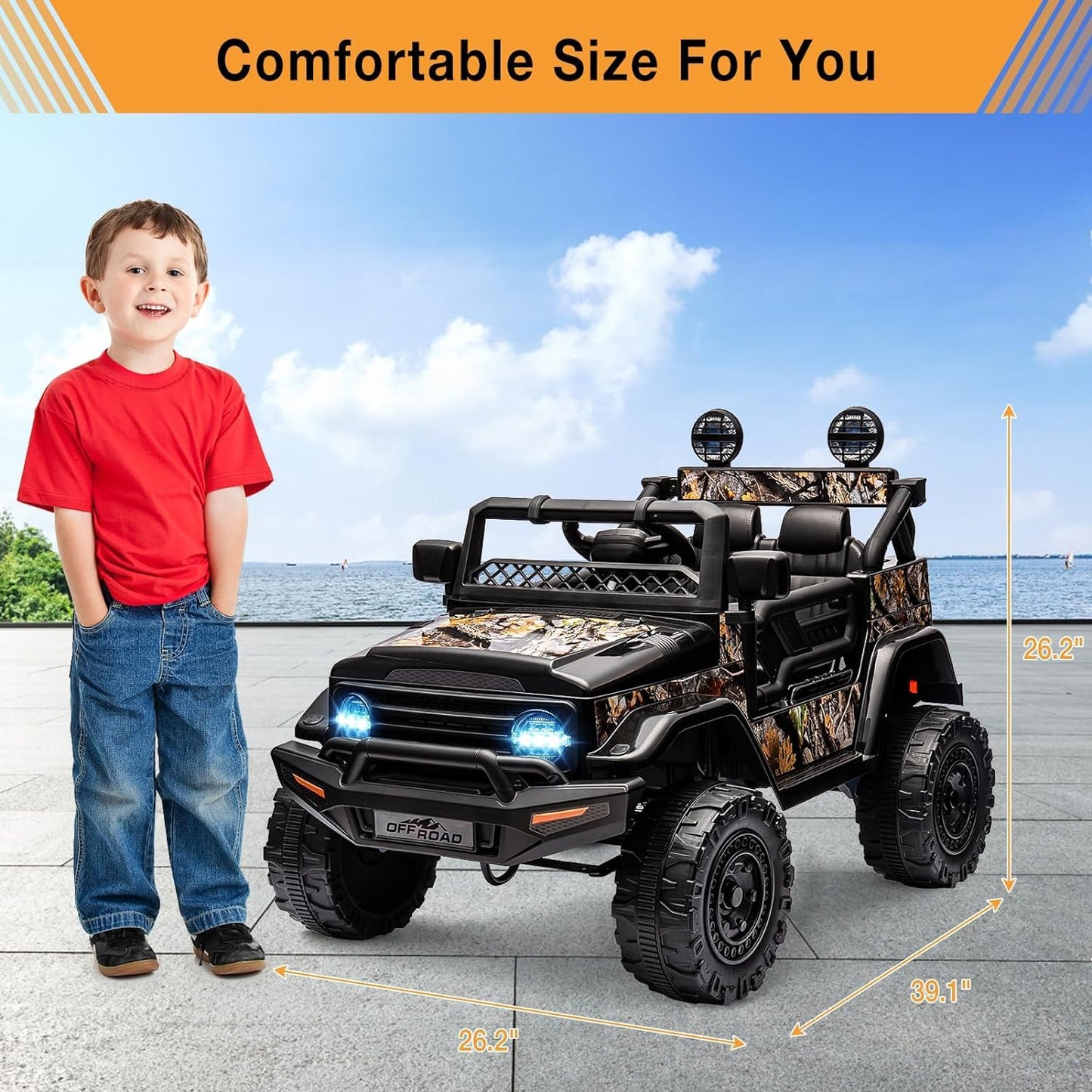 Garvee Ride - P Series: 12V Power Wheel Electric Car for Kids, Ride on Toys with Led Lights Bluetooth, 3 Speeds, Spring Suspension - Black