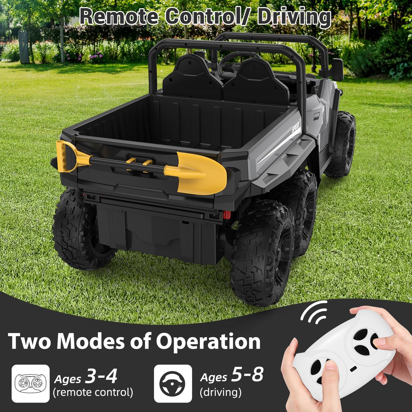 Garvee Ride - P Series: 24V 4WD Electric Ride On Dump Truck with Remote Control, 2-Seater, Music Player, LED Lights, Key Start Safety System, Durable Plastic, Off-Road Kids Toy for Ages 3+ - Grey