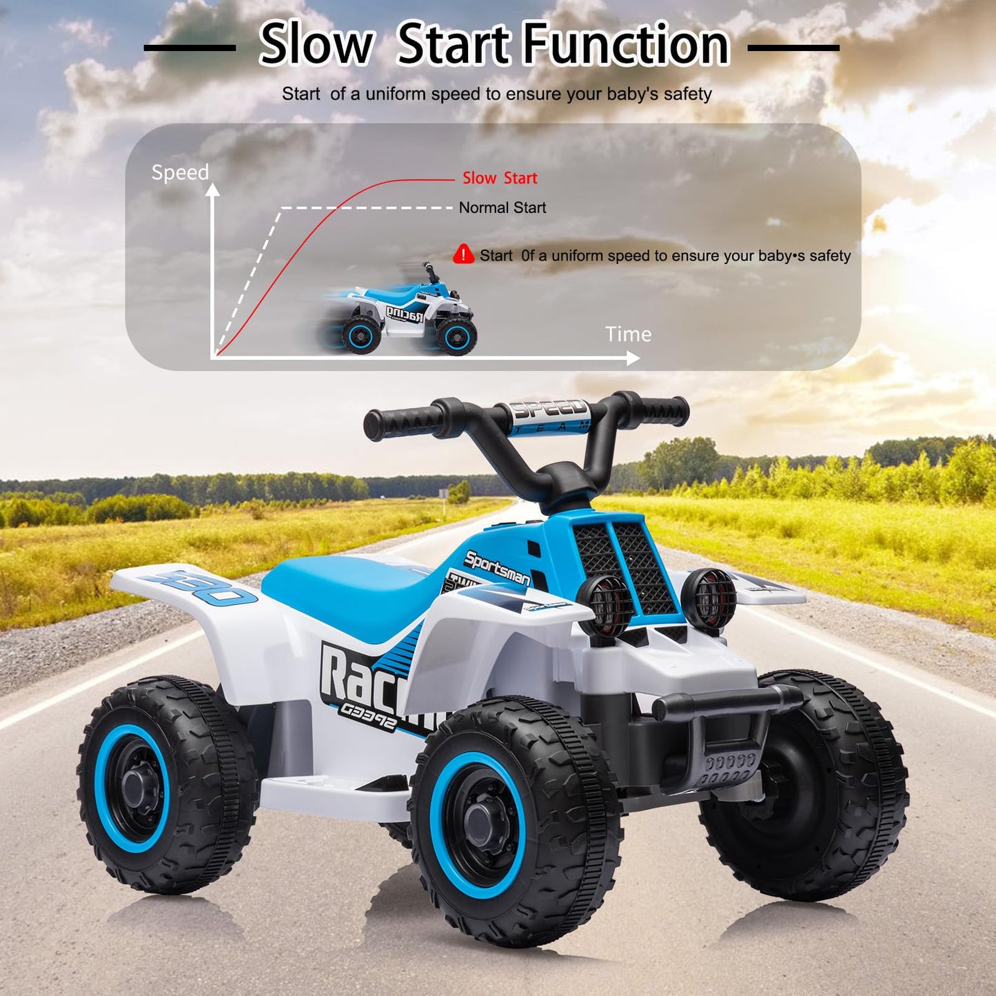 Garvee Ride - P Series: 6V Kids Ride On Electric Quad ATV, Ride Car with LED Headlights, Ride-On Toy for Toddlers 1-3 Boys & Girls with Music, Forward & Reverse - Blue and white