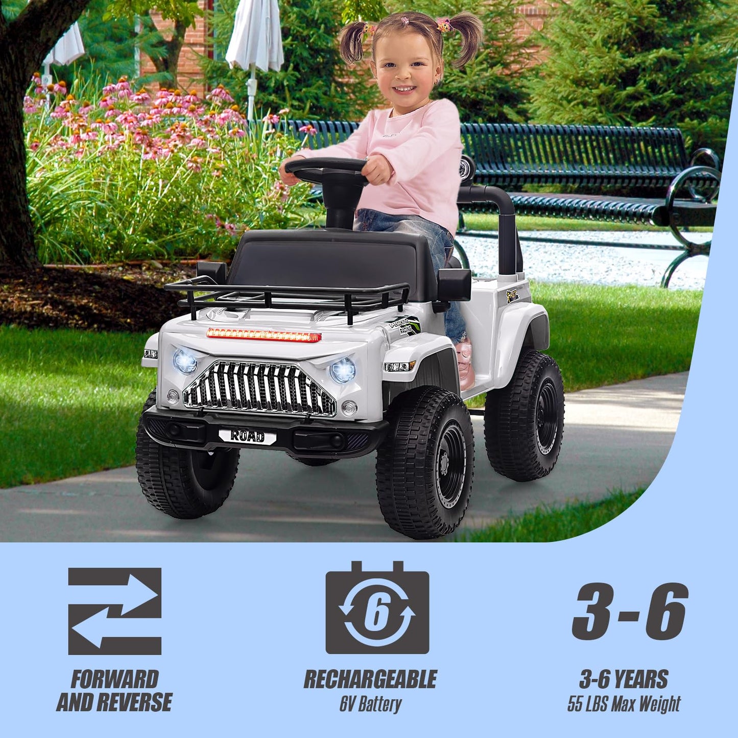Garvee Ride - P Series: 6V Ride On Car for Toddlers - Battery Powered Electric Car with Music, LED Light, FM, Horn, Rear Storage, 4 Wheels - White