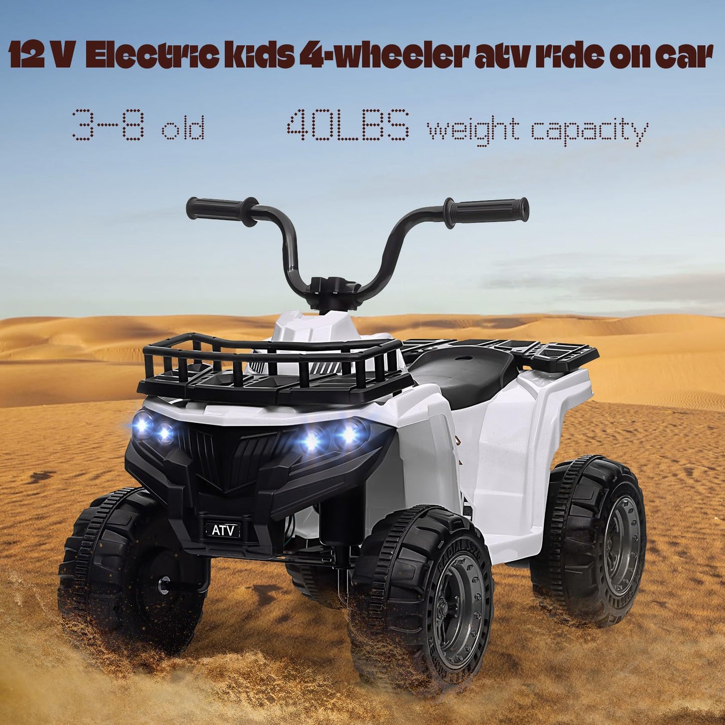 Garvee Ride - P Series: 12V Kids Ride On Electric Quad ATV, Ride Car Toy with Bluetooth Audio,High/Low Speed, LED Headlights, Battery Indicator & Radio Orange - White