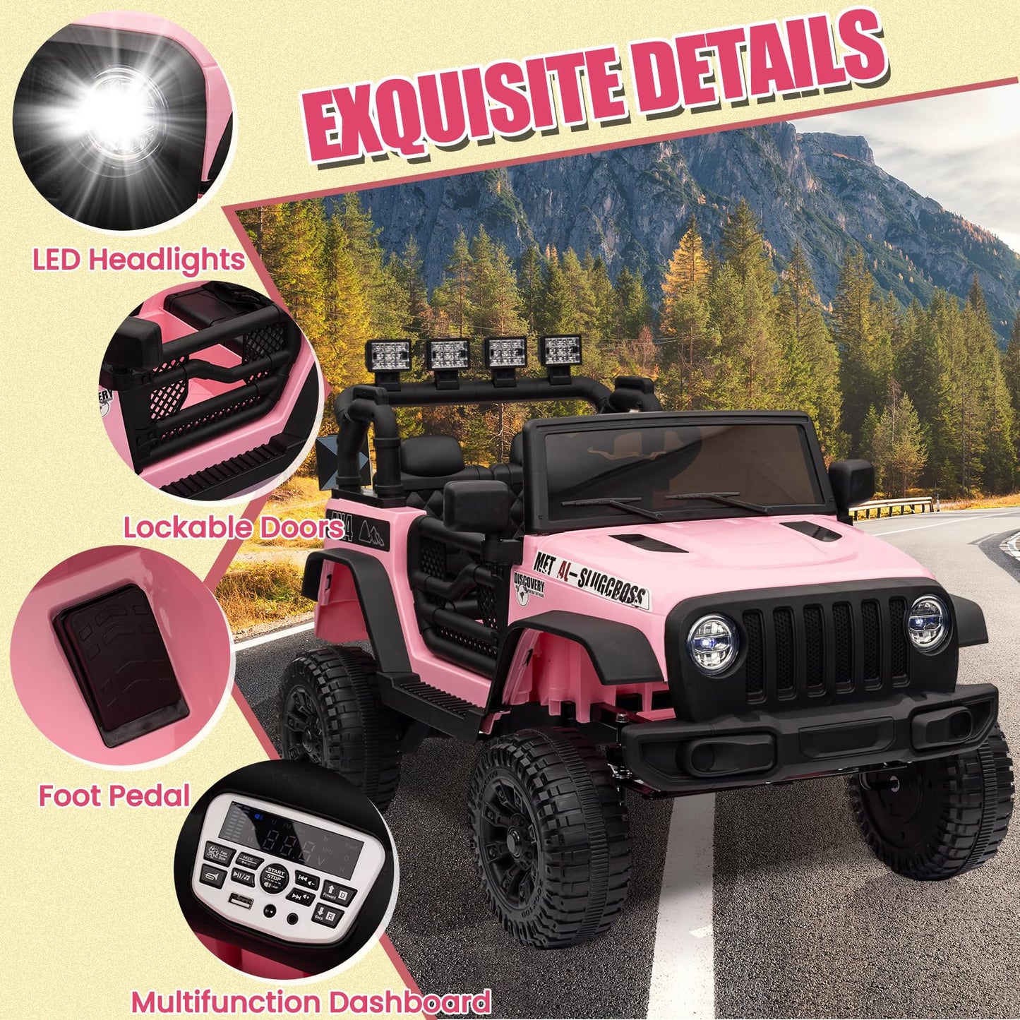 Garvee Ride - P Series: 12V Kids Electric Vehicles with Remote Control, 2 Speeds, Spring Suspension, LED Headlight, Bluetooth, Music, Battery Powered Car for Kids - Pink