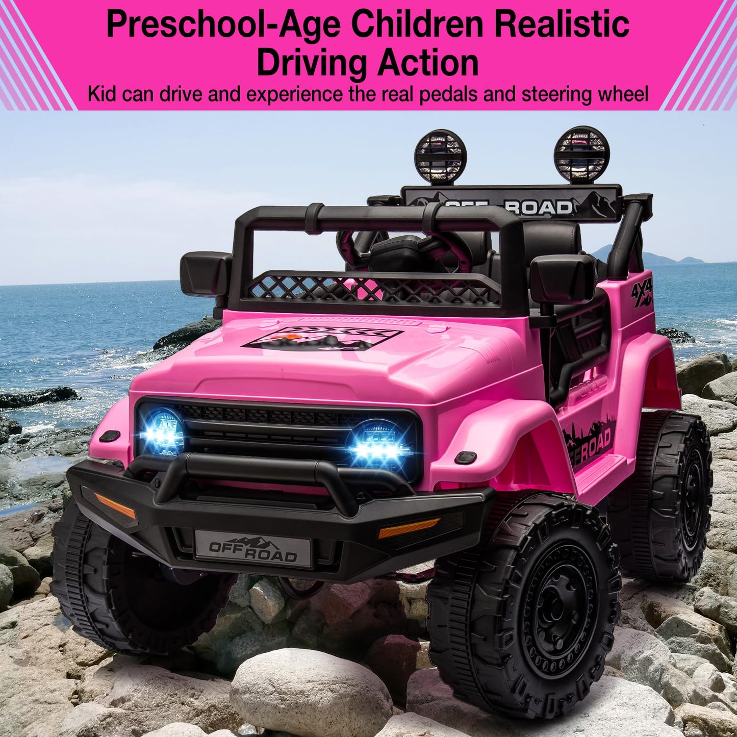 Garvee Ride - P Series: 12V Power Wheel Electric Car for Kids, Ride on Toys with Led Lights Bluetooth, 3 Speeds, Spring Suspension - Pink