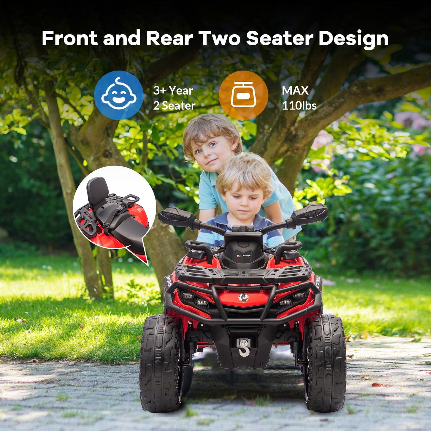 Garvee Ride - P Series: 12V Kids Ride On Electric ATV, 2 Leather Seater ATV Car for Kids, 27V Kids Ride On Toys with LED Headlights, Bluetooth & Music, Adjusted Speeds 2-4 MPH, Ride On Toys for Kids 3-8,Red