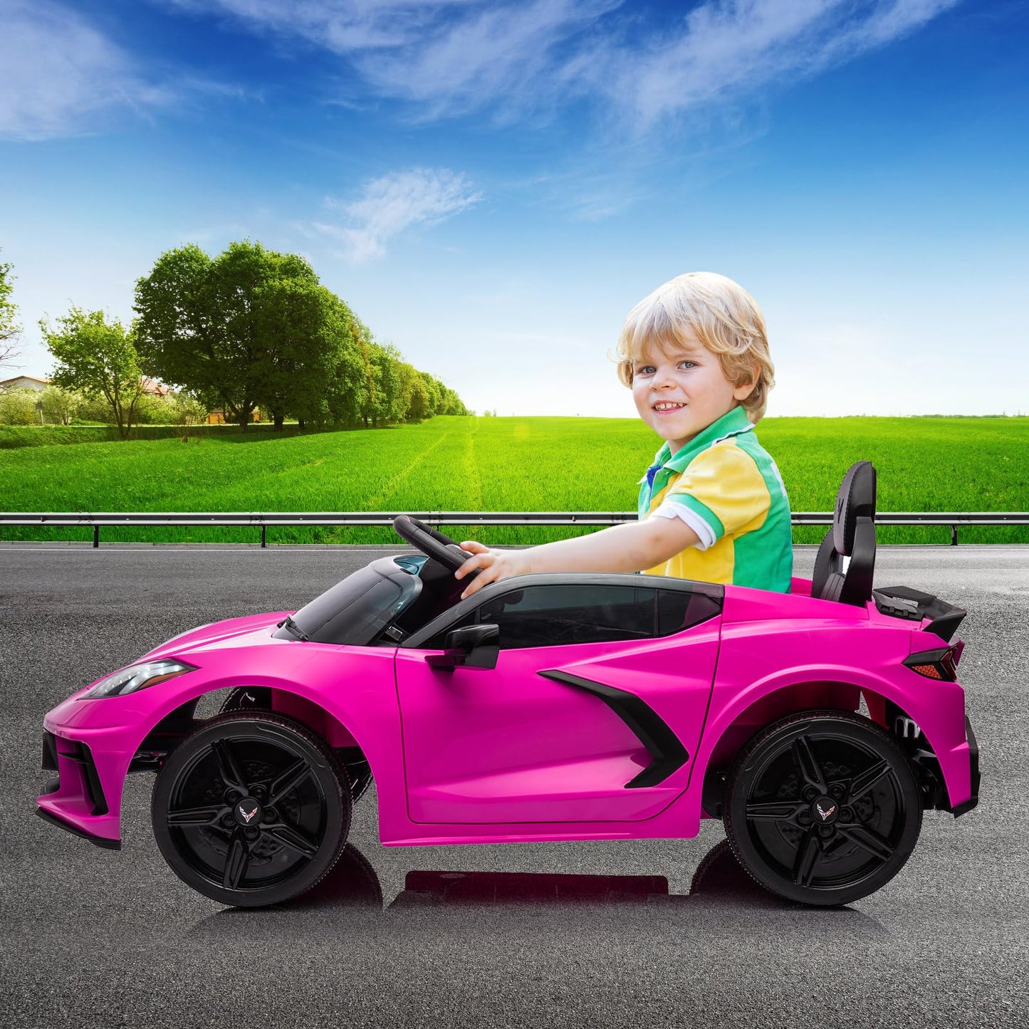 Garvee Ride - P Series: 12V Kids Ride on Car Licensed Corvette Battery Powered Car Toddles Electric Sports Car Toy with Remote Control, Visual Dashboard, LED Lights, Music, Gifts for Boys Girls, Rose Red