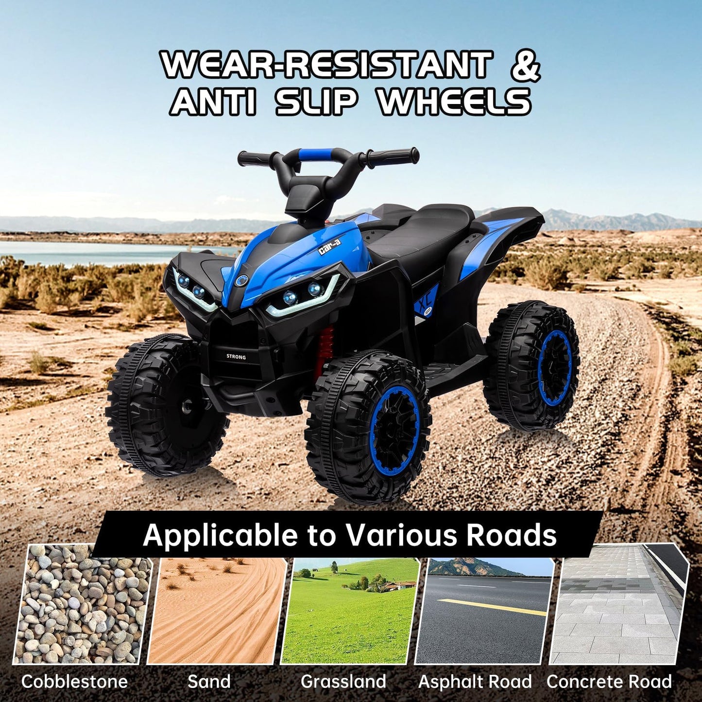 Garvee Ride - P Series: 12V Kids Quad ATV 4 Wheeler with Music, LED Lights for Boys & Girls - Blue