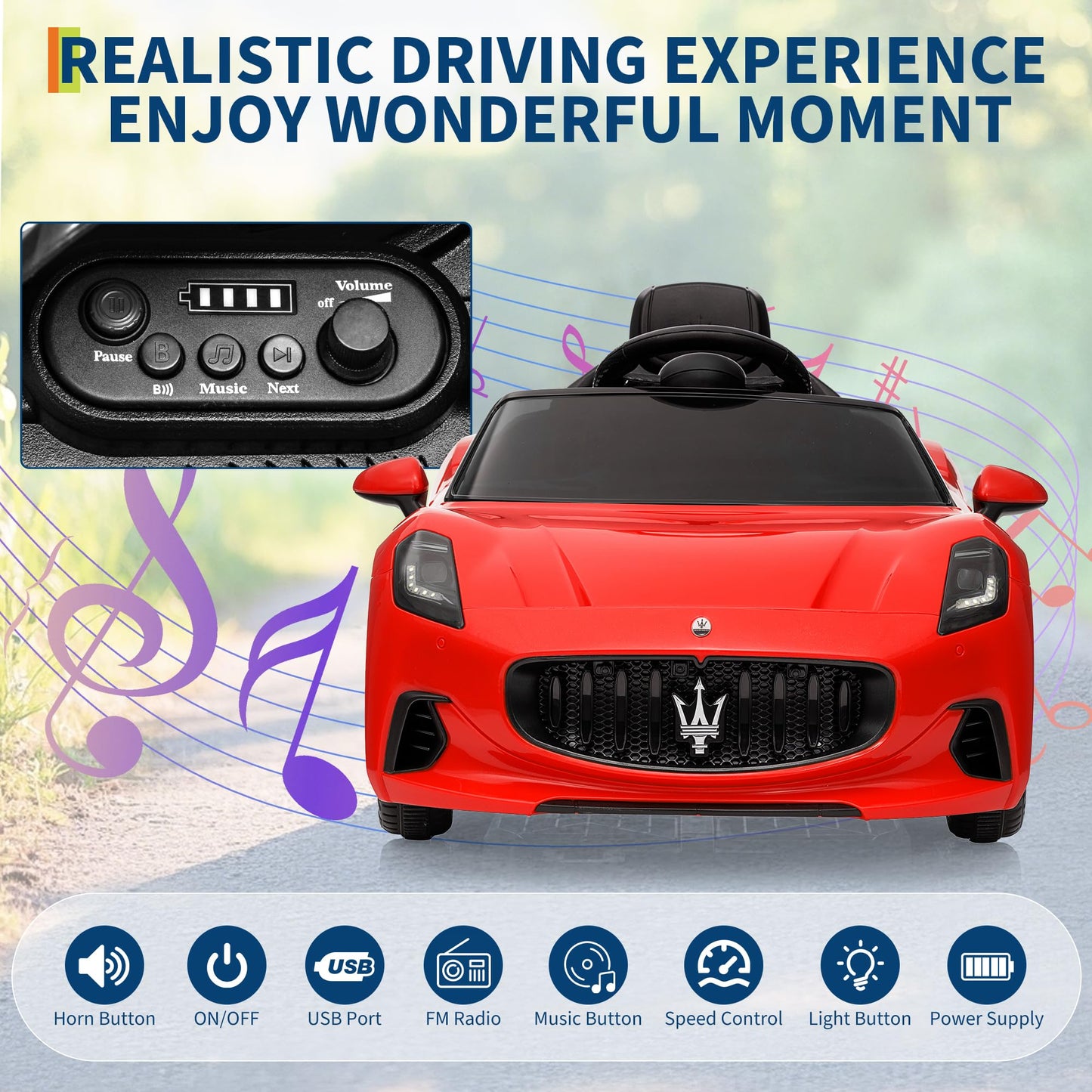 Garvee Ride - P Series: 12V Battery Powered Motorized Car for Kids with Remote Control, Spring Suspension, Double Doors, Bright Lights, 4 Wheel Electric Vehicle, Red