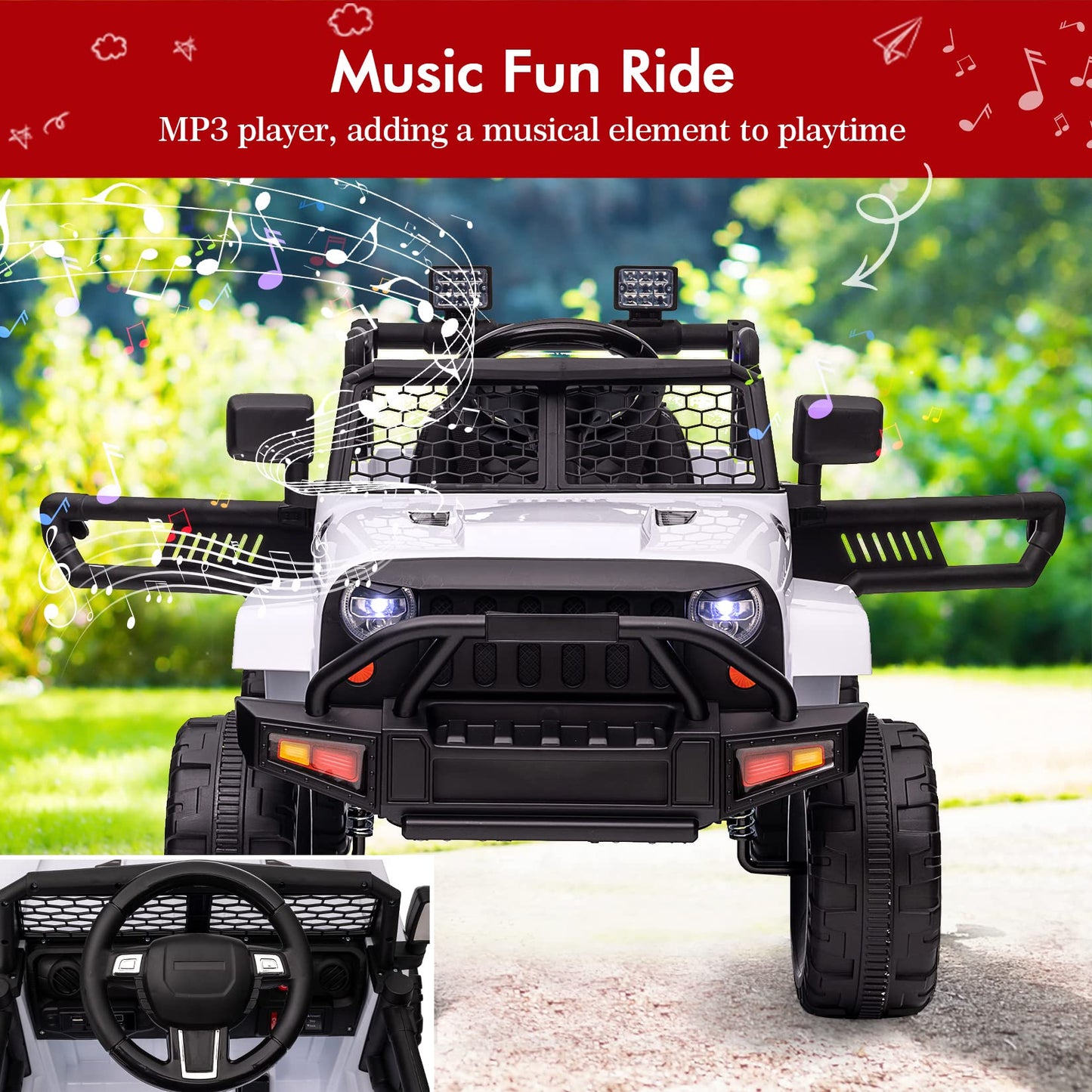 Garvee Ride - P Series: 12V Ride On Truck Car for kid : Remote Control, 3 Speeds, MP3 Music, Suspension, LED Lights,for 3+ Year Old - White