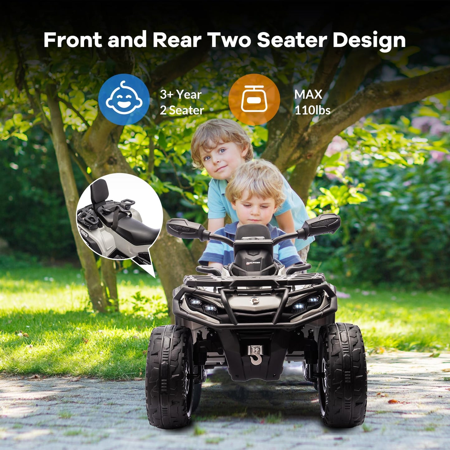Garvee Ride - P Series: 12V Kids Ride On Electric ATV, 2 Leather Seater ATV Car for Kids,27V Kids Ride On Toys with LED Headlights, Bluetooth & Music, Adjusted Speeds 2-4 MPH, Ride On Toys for Kids 3-8,Gray