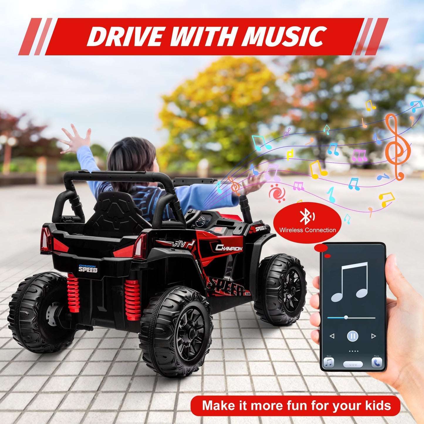 Garvee Ride - P Series: 12V Toy Electric Truck UTV with Large Wide Seat and Remote Control, Led Lights, Wireless Connection, Music, 2 Spring Suspension for 3-8 Boys & Girls