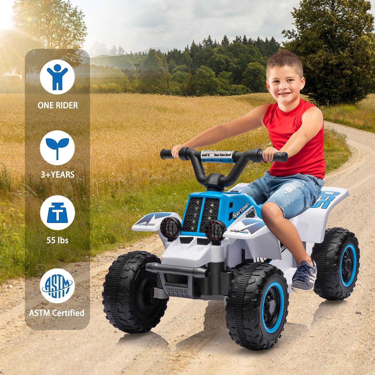 Garvee Ride - P Series: 6V Kids Ride On Electric Quad ATV, Ride Car with LED Headlights, Ride-On Toy for Toddlers 1-3 Boys & Girls with Music, Forward & Reverse - Blue and white