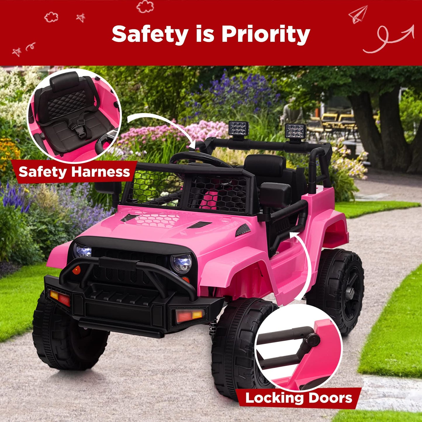 Garvee Ride - P Series: 12V Ride On Truck Car for kid : Remote Control, 3 Speeds, MP3 Music, Suspension, LED Lights,for 3+ Year Old - Pink
