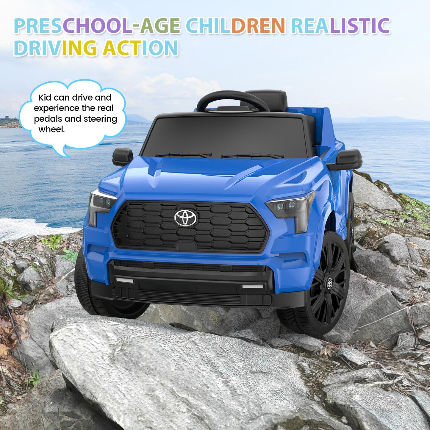 Garvee Ride on Truck Car, 12V Licensed Toyota Electric Cars for Kids, Ride on Toys with Remote Control, Spring Suspension, LED Lights, Bluetooth, 3 Speeds - Blue