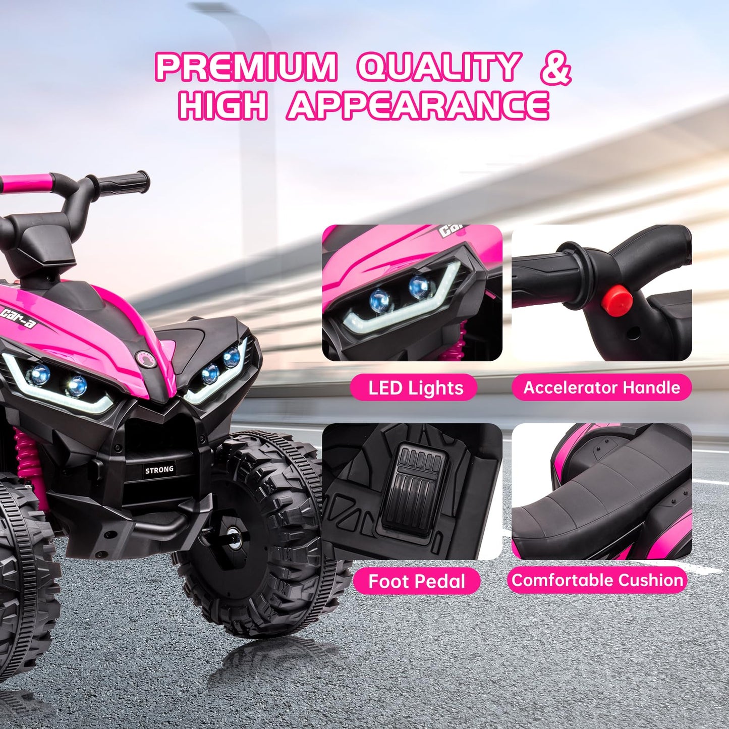 Garvee Ride - P Series: 12V Kids Quad ATV 4 Wheeler with Music, LED Lights for Boys & Girls - Pink