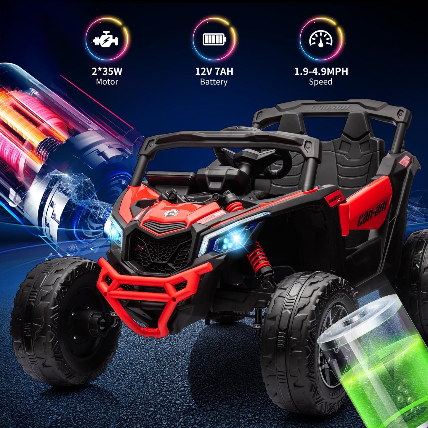 Garvee Ride - P Series: 12V Can-Am Ride-On UTV: Remote Control, Large Seat, Music, LED Lights, Spring Suspension, for Boys & Girls - Red