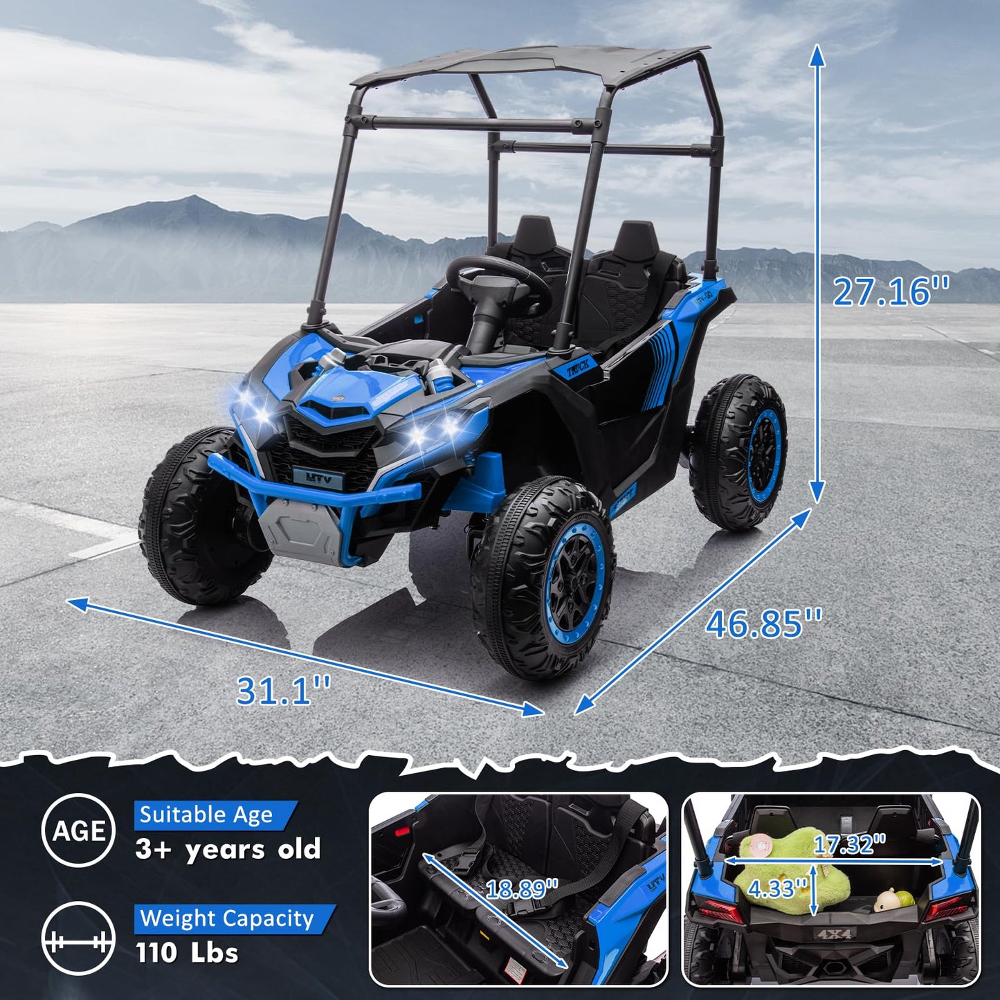 Garvee Ride - P Series: 24V Ride On Utv for Kids, 2 Seater Electric Truck With Sun Shade,4WD Electric Car Toy With Remote Control, Led Lights, 4 Shock Absorbersm,One Click Start, Music Player - Blue