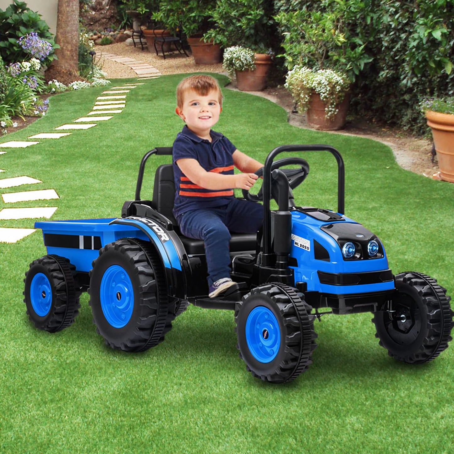 Garvee Ride - P Series: 12V Electric Ride-On Tractor for Kids with Trailer, Remote Control, Music, LED Lights, and Rear Wheel Suspension - Battery Powered Toy Vehicle - Blue