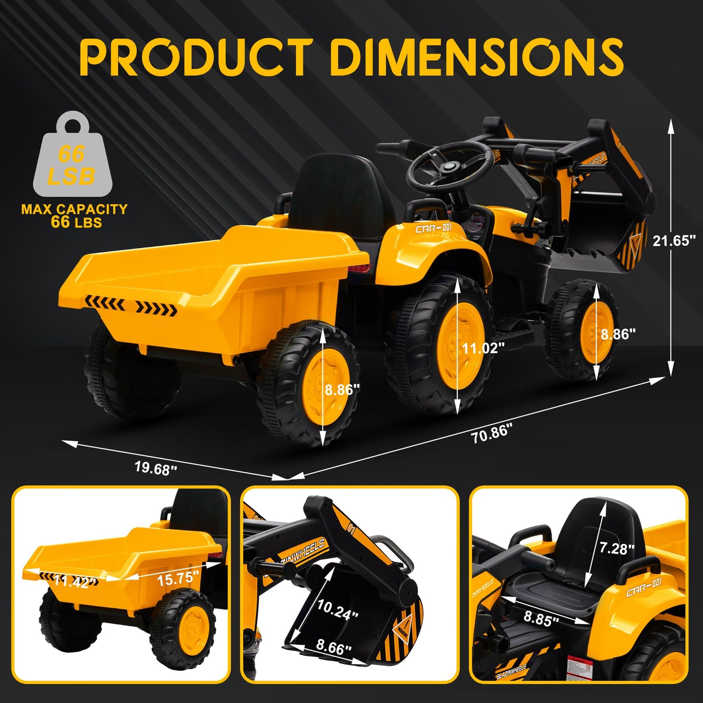Garvee Ride - P Series: 12V 3 in 1 Ride on Excavator & Tractor with Detachable Trailer, Ride on Car Toy with Remote Control, Digger, LED Lights, Music, Kids Electric Vehicles for Boys Girls, Yellow