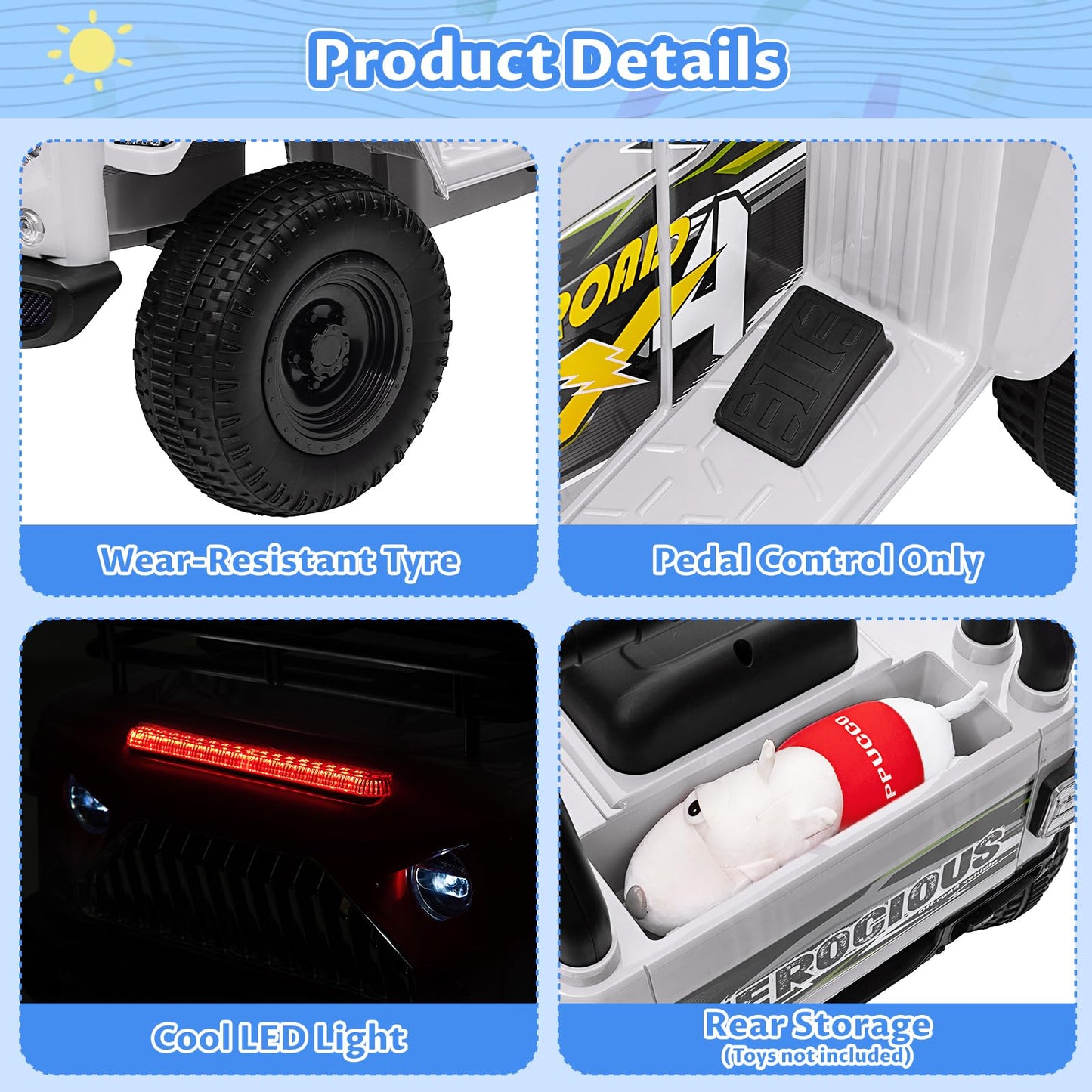 Garvee Ride - P Series: 6V Ride On Car for Toddlers - Battery Powered Electric Car with Music, LED Light, FM, Horn, Rear Storage, 4 Wheels - White