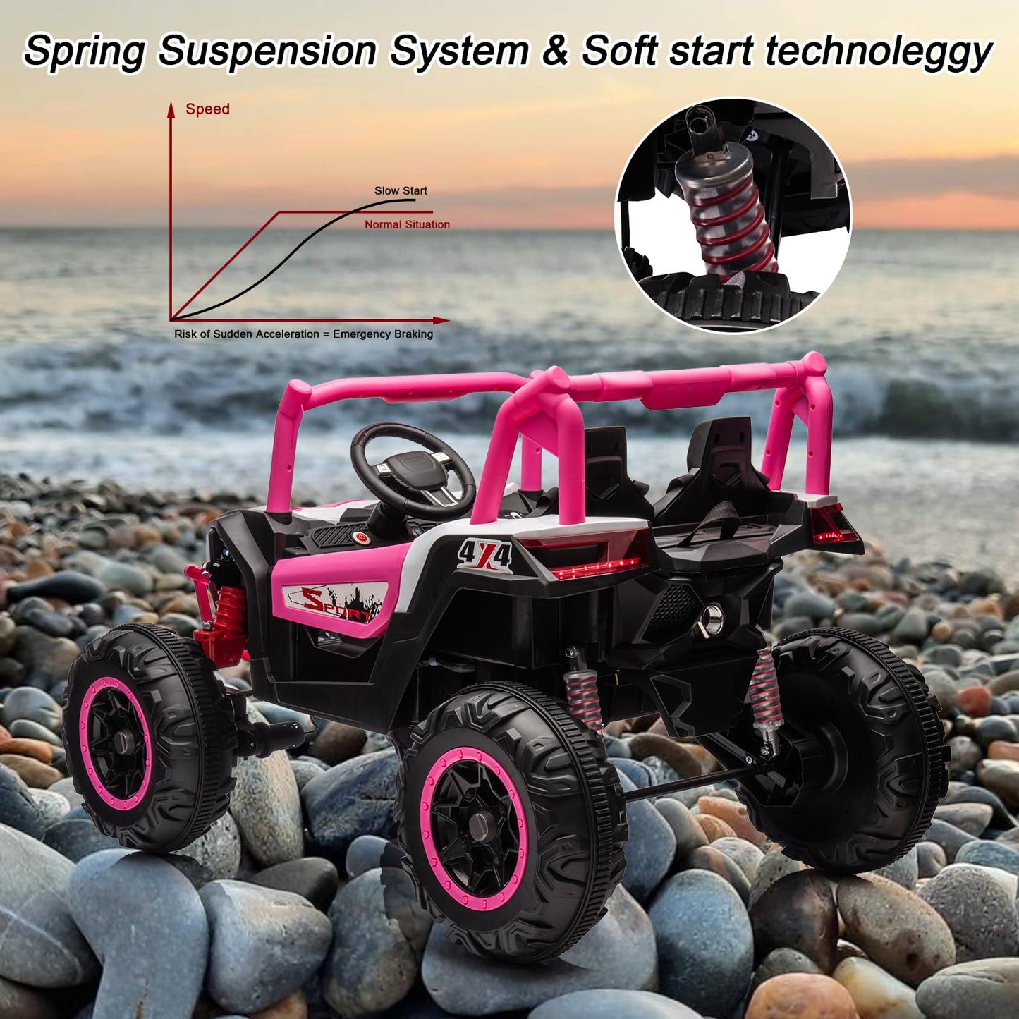 Garvee Ride - P Series: 24V 2-Seater Ride-On UTV: 4WD, Remote Control, Metal Frame, EVA Wheels, LED Lights, Spring Suspension, for Ages 3+ - Pink