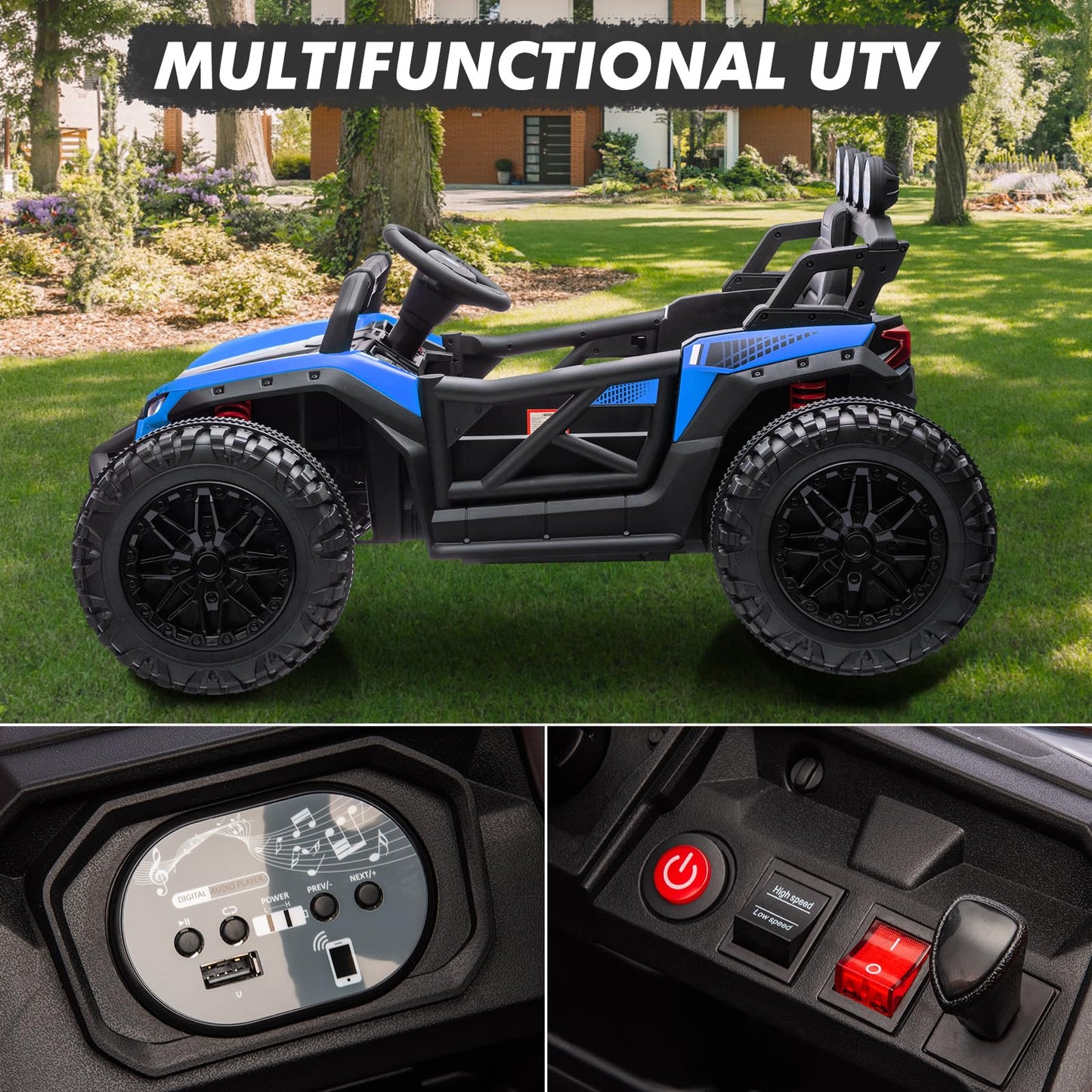 Garvee Ride - P Series: 24V Electric UTV,Ride On Toys for Big Kids,2x130W Powerful Electric Car with Remote Control， 4 Shock Absorbers，LED Lights,Music for Boys and Girls,Blue
