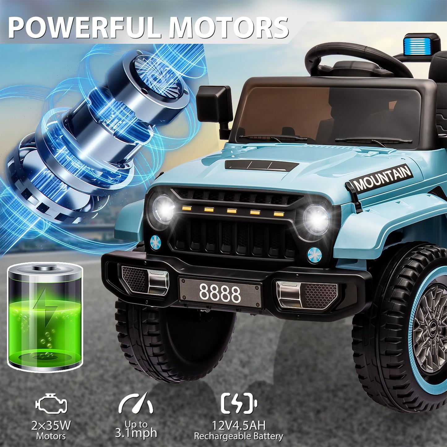 Garvee Ride - P Series: 12V Kids Ride-On Truck For Age 3+, Remote Control, LED, Music, 3 Speeds - Blue