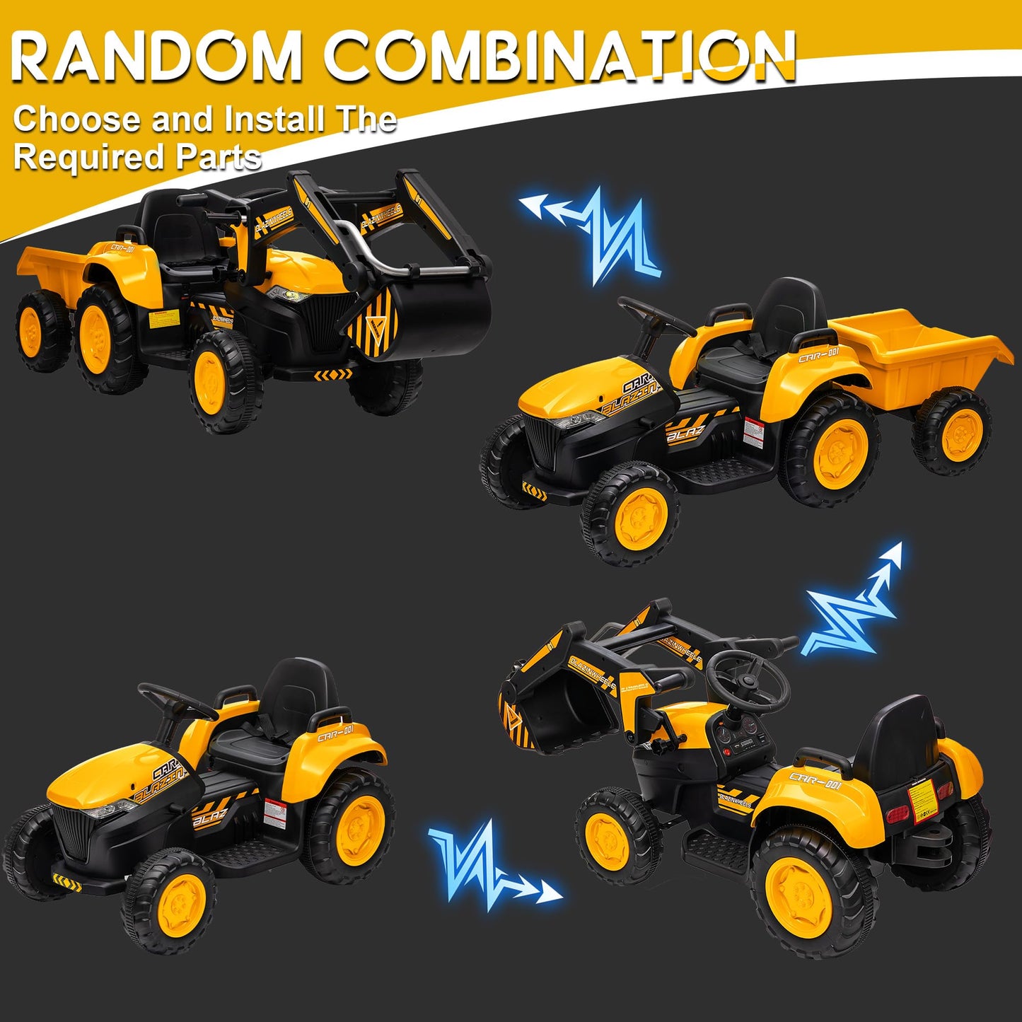 Garvee Ride - P Series: 12V 3 in 1 Ride on Excavator & Tractor with Detachable Trailer, Ride on Car Toy with Remote Control, Digger, LED Lights, Music, Kids Electric Vehicles for Boys Girls, Yellow