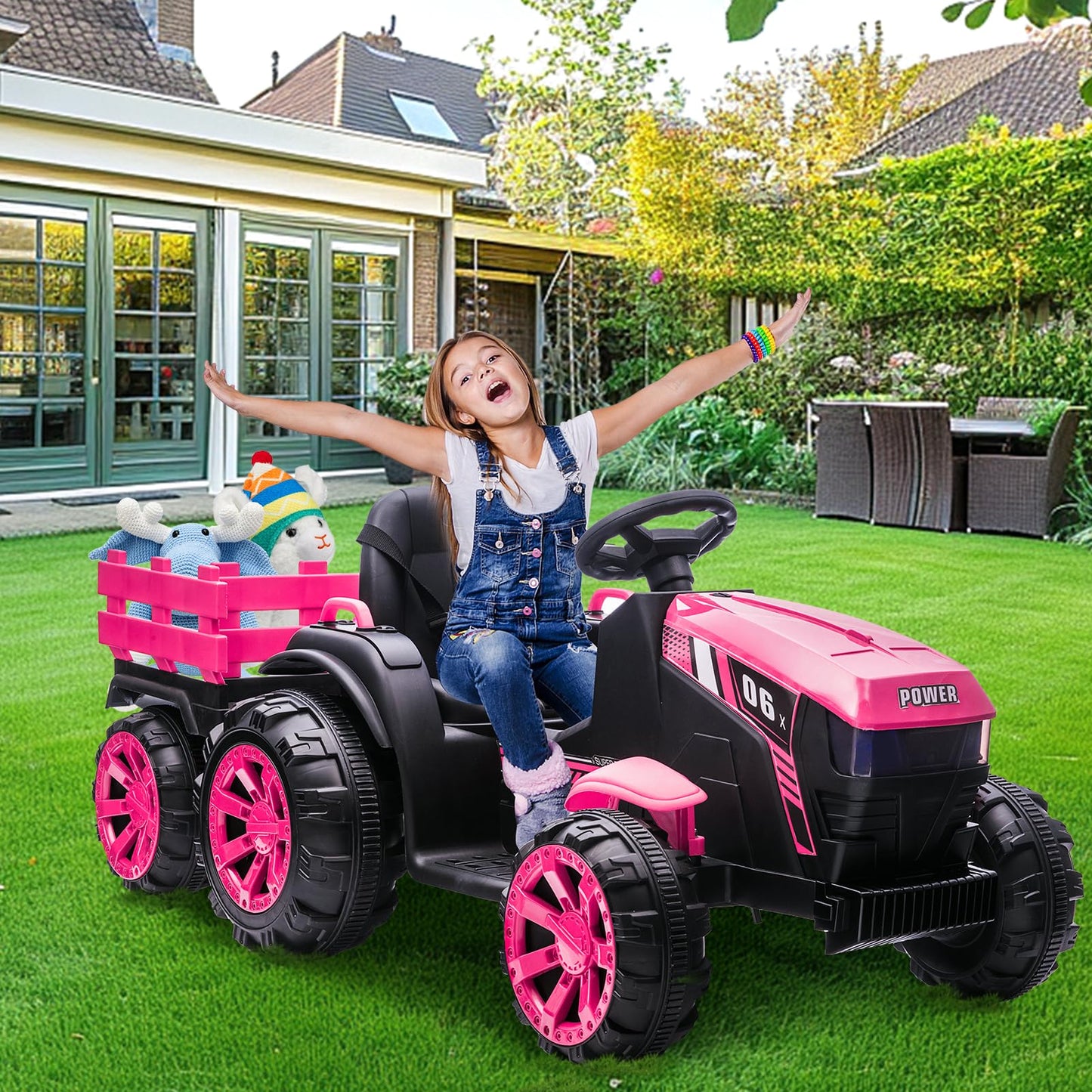 Garvee Ride - P Series: 12V Kids Ride On Tractor with Trailer, LED Lights for Boy Girl - Pink