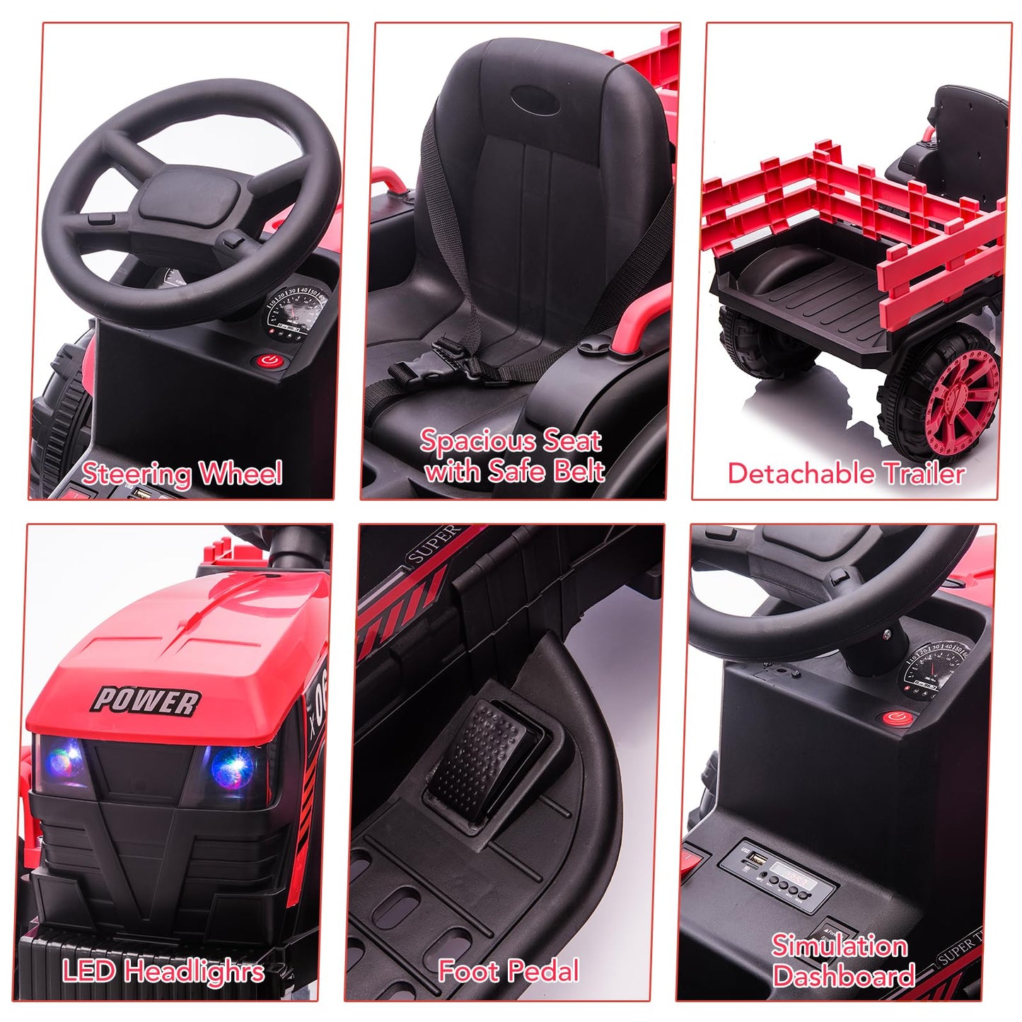 Garvee Ride - P Series: 12V Kids Ride On Tractor with Trailer, LED Lights for Boy Girl - Red