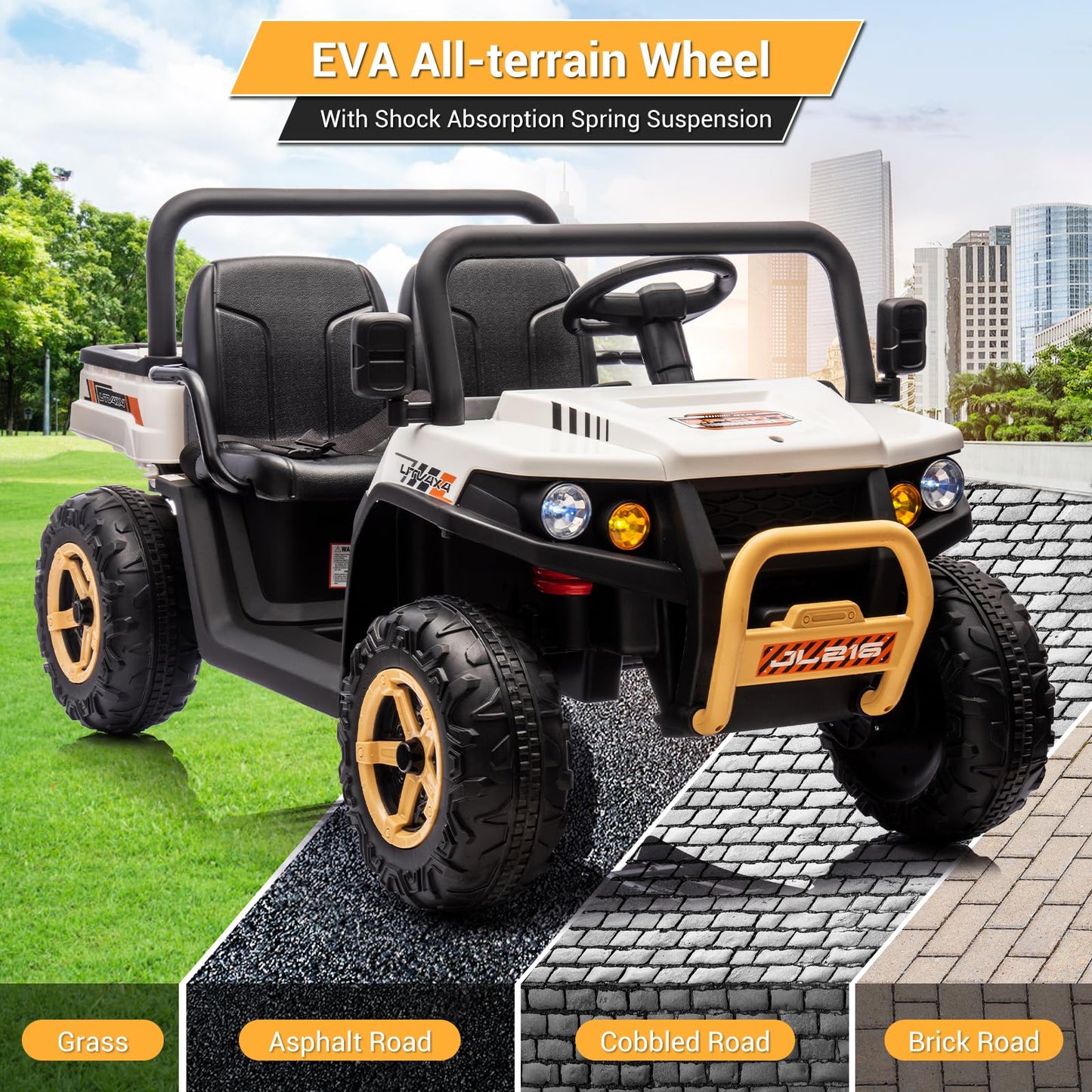 Garvee Ride - P Series: 24v Ride On Dump Truck, 2 Seater Electric Ride On Car Toy for Kids, Battery Powered UTV with 4x35W Motors, Shovel, Bluetooth, Remote Control, Music, LED Lights for Boys & Girls - White