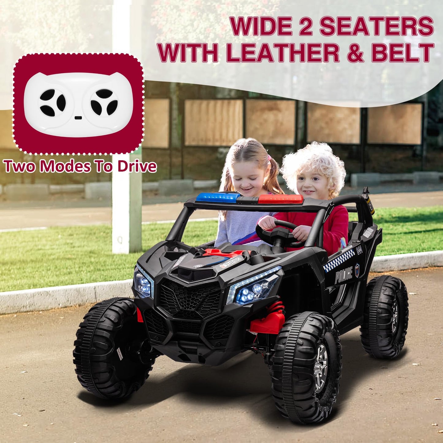 Garvee Ride - P Series: 24V 2 Seater Kids Ride on UTV Car For age 3+, w/Remote Control, 4WD Powerful Electric Vehicle with 4x75W Motors, 4 Shock Absorber, Leather Seat, Music and Light - Black