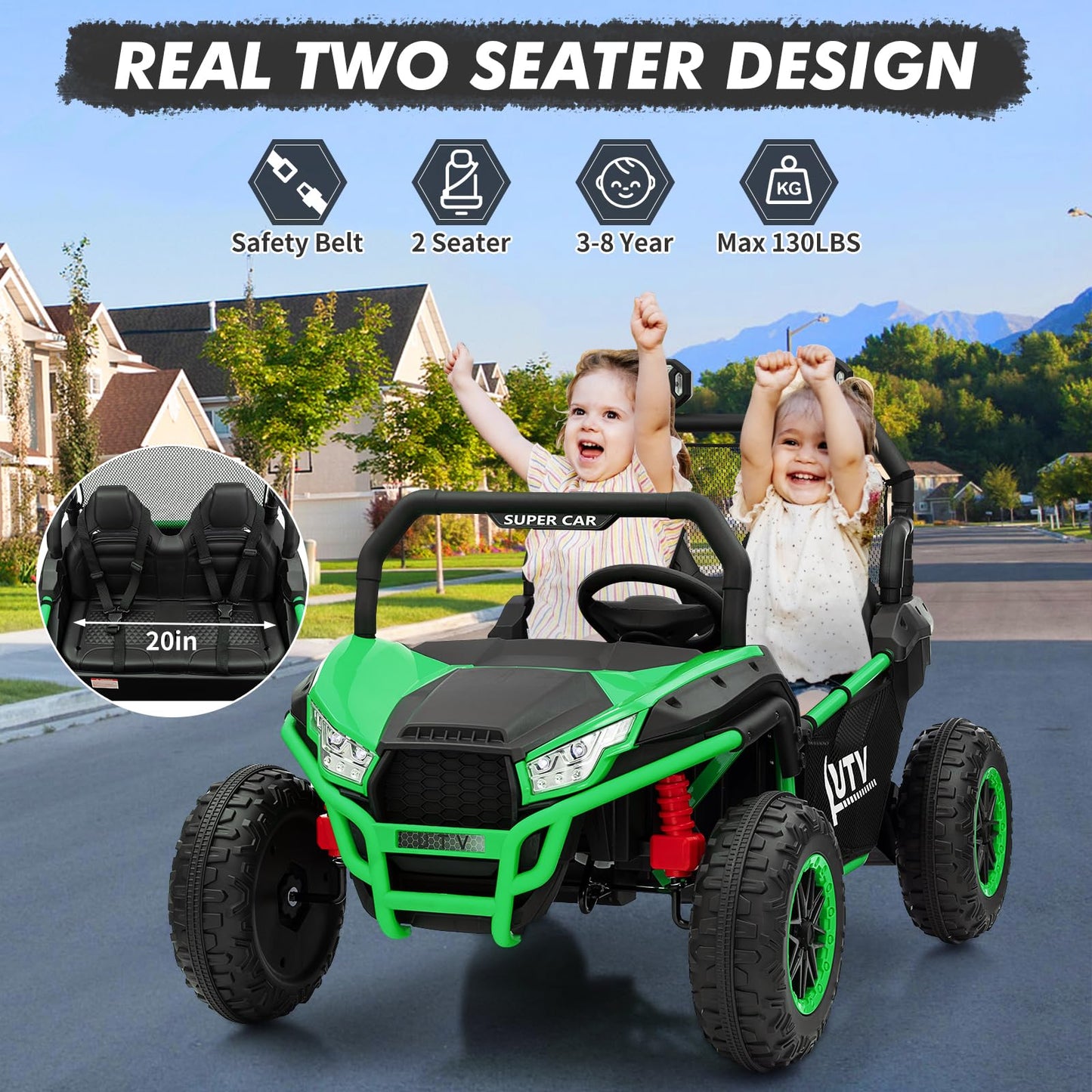 Garvee Ride - P Series: 24V 2 Seater Ride On Car, XXXL Off-Road Utv for Kids w/Metal Frame, 20 Inch Wide Seat, 400W Electric Vehicle Toy Car w/Pop Music, 3 Speeds for Boys and Girls,Green