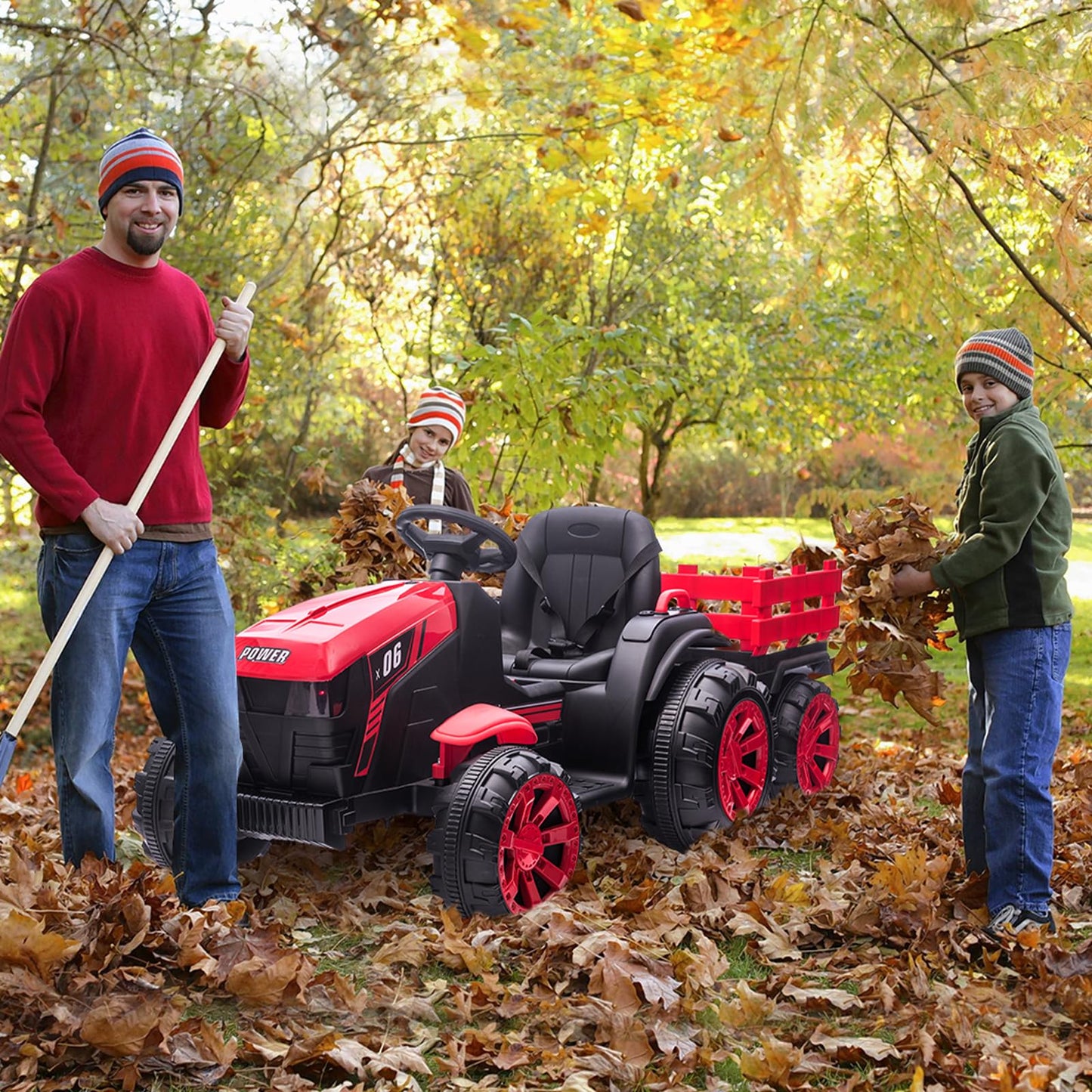 Garvee Ride - P Series: 12V Kids Ride On Tractor with Trailer, LED Lights for Boy Girl - Red