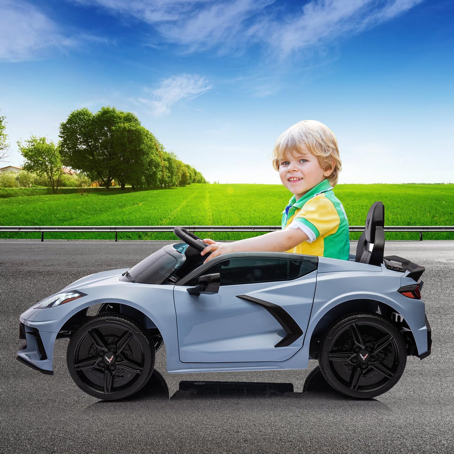 Garvee Ride - P Series: 12V Kids Ride on Car Licensed Corvette Battery Powered Car Toddles Electric Sports Car Toy with Remote Control, Visual Dashboard, LED Lights, Music, Gifts for Boys Girls, Light Blue