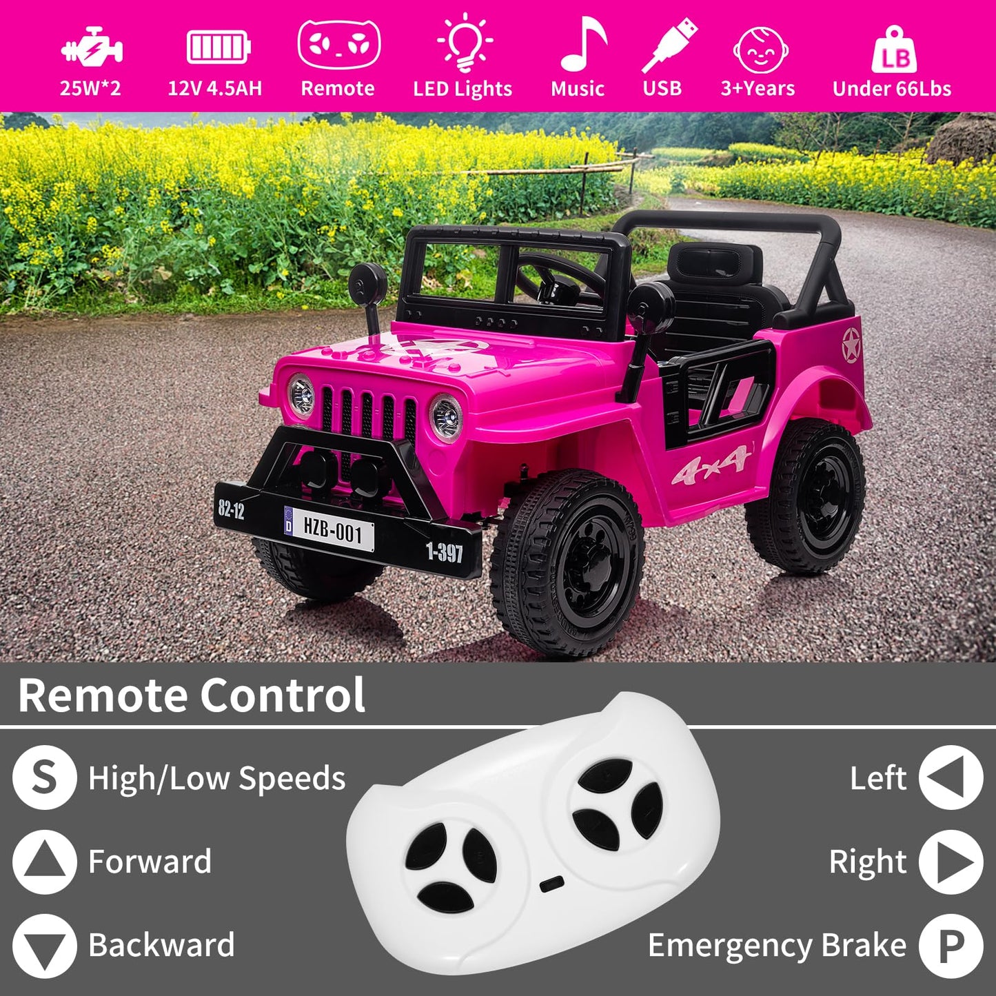 Garvee Ride - P Series: 12V Kids Ride On Truck Car, Electric Ride On Car with Remote Control, Spring Suspension, Various Speeds, LED Lights, Music, and Safety Belt, Electric Ride On Toys for Kids 3+ - Pink